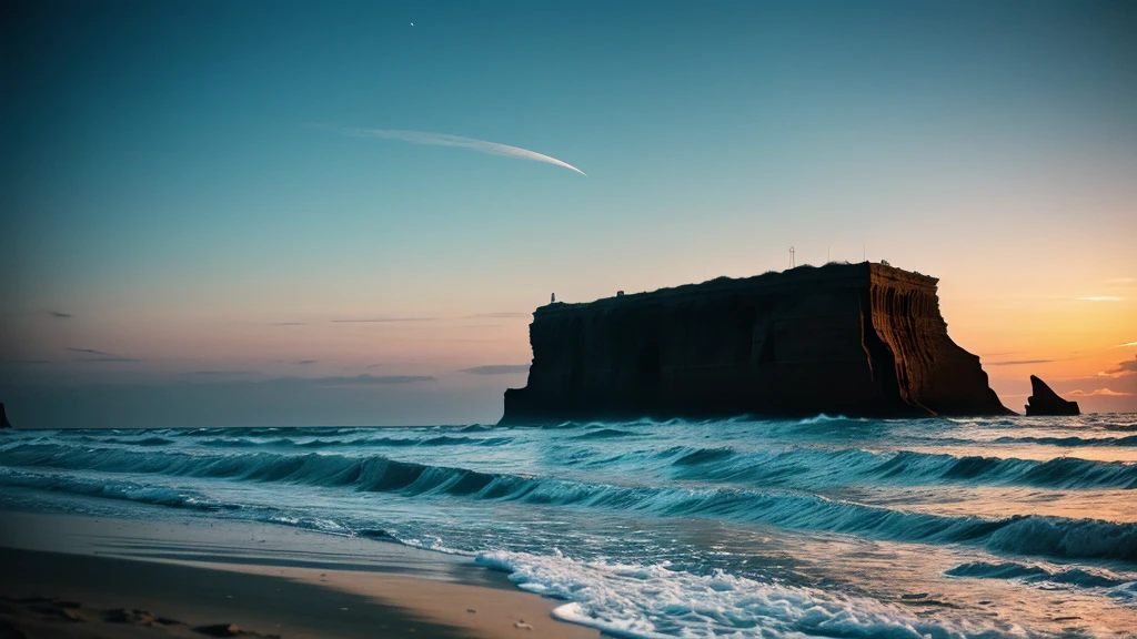 "Under the pallid moonlight, a forsaken beach stretches out before you. The sand, as black as obsidian, absorbs all light, swallowing even the faintest glimmer. Waves crash with an ominous rhythm, echoing through the eerie silence. A distant howl pierces the air, unsettling the few souls brave enough to tread these haunted shores. Shadows dance against the cliffs, whispering tales of lost ships and restless spirits. Dare you explore this desolate beach under the shroud of night?"