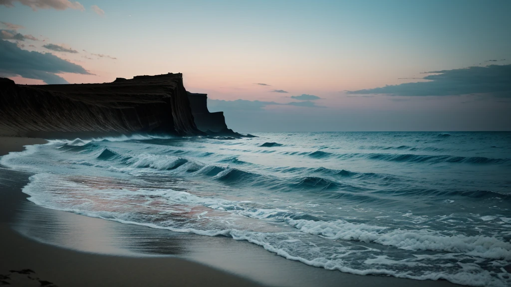 "Under the pallid moonlight, a forsaken beach stretches out before you. The sand, as black as obsidian, absorbs all light, swallowing even the faintest glimmer. Waves crash with an ominous rhythm, echoing through the eerie silence. A distant howl pierces the air, unsettling the few souls brave enough to tread these haunted shores. Shadows dance against the cliffs, whispering tales of lost ships and restless spirits. Dare you explore this desolate beach under the shroud of night?"