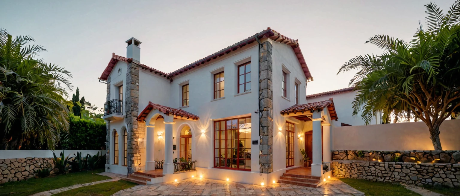 RAW photo,Masterpiece, high quality, best quality, authentic, super detail,
A beautiful Mediterranean style house with a garden and a large white building with a red roof. The house has a large patio and a variety of potted plants and trees surrounding it. The house is surrounded by a stone wall and has a large balcony overlooking the garden.
(high detailed :1.2), 8k uhd, dslr, soft lighting, high quality, film grain, Fujifilm XT3