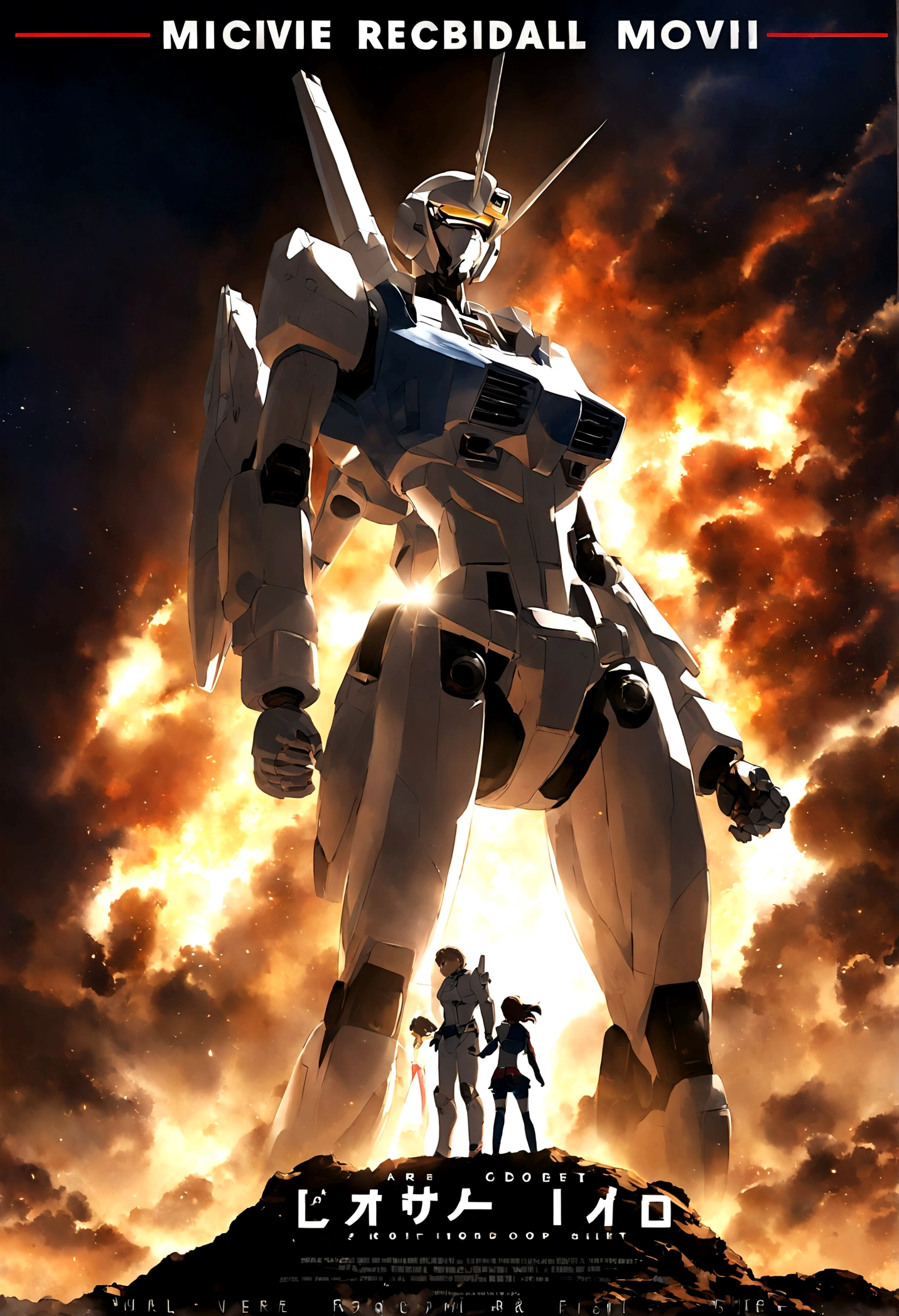 Robotech, Rick Hunter (pilot suit) and Lynn Minmei (j pop idol outfit) with a Veritech fighter in robot mode standing in the background, movie poster
