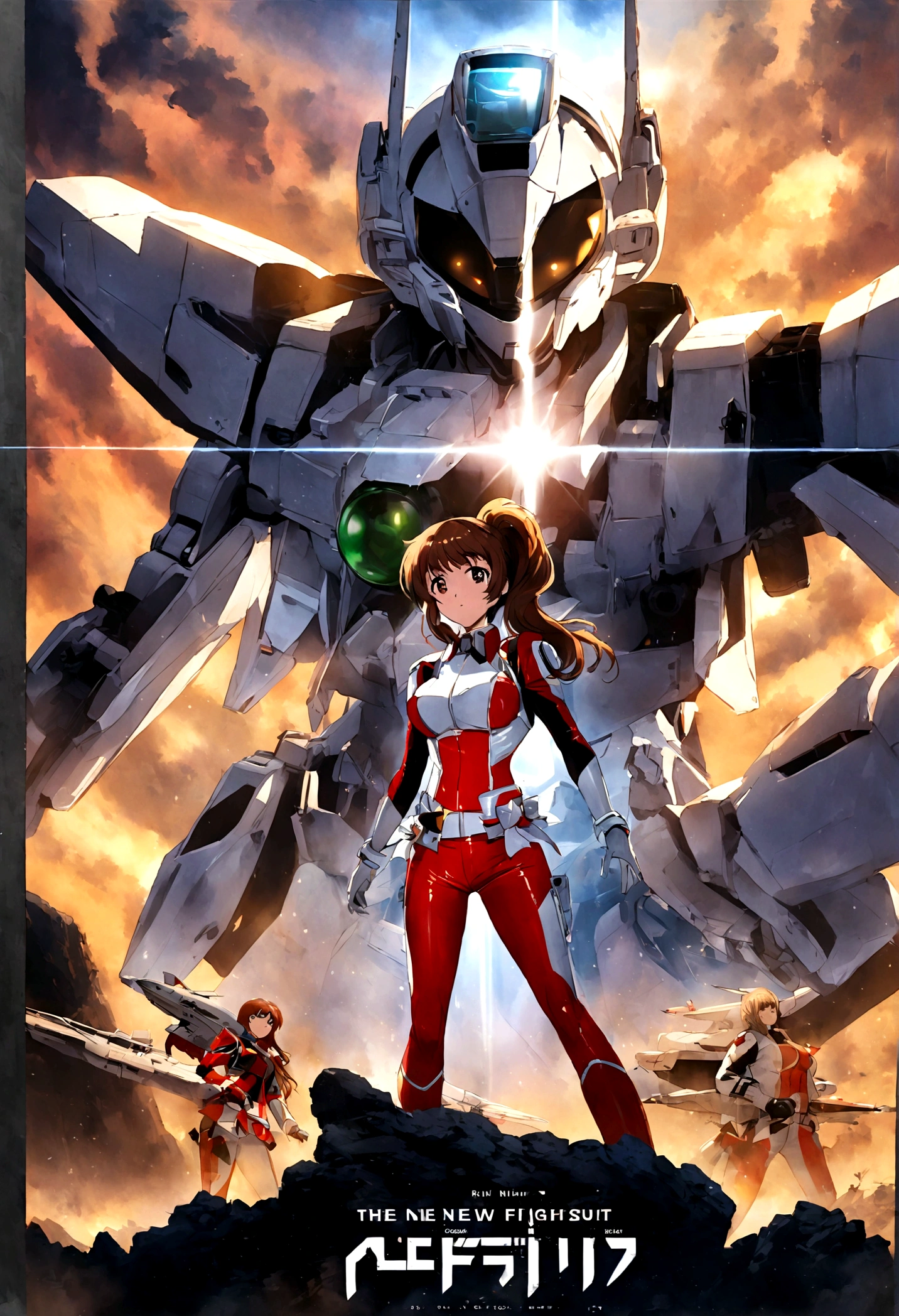 Robotech, Rick Hunter (pilot suit) and Lynn Minmei (j pop idol outfit) with a Veritech fighter in robot mode standing in the background, movie poster
