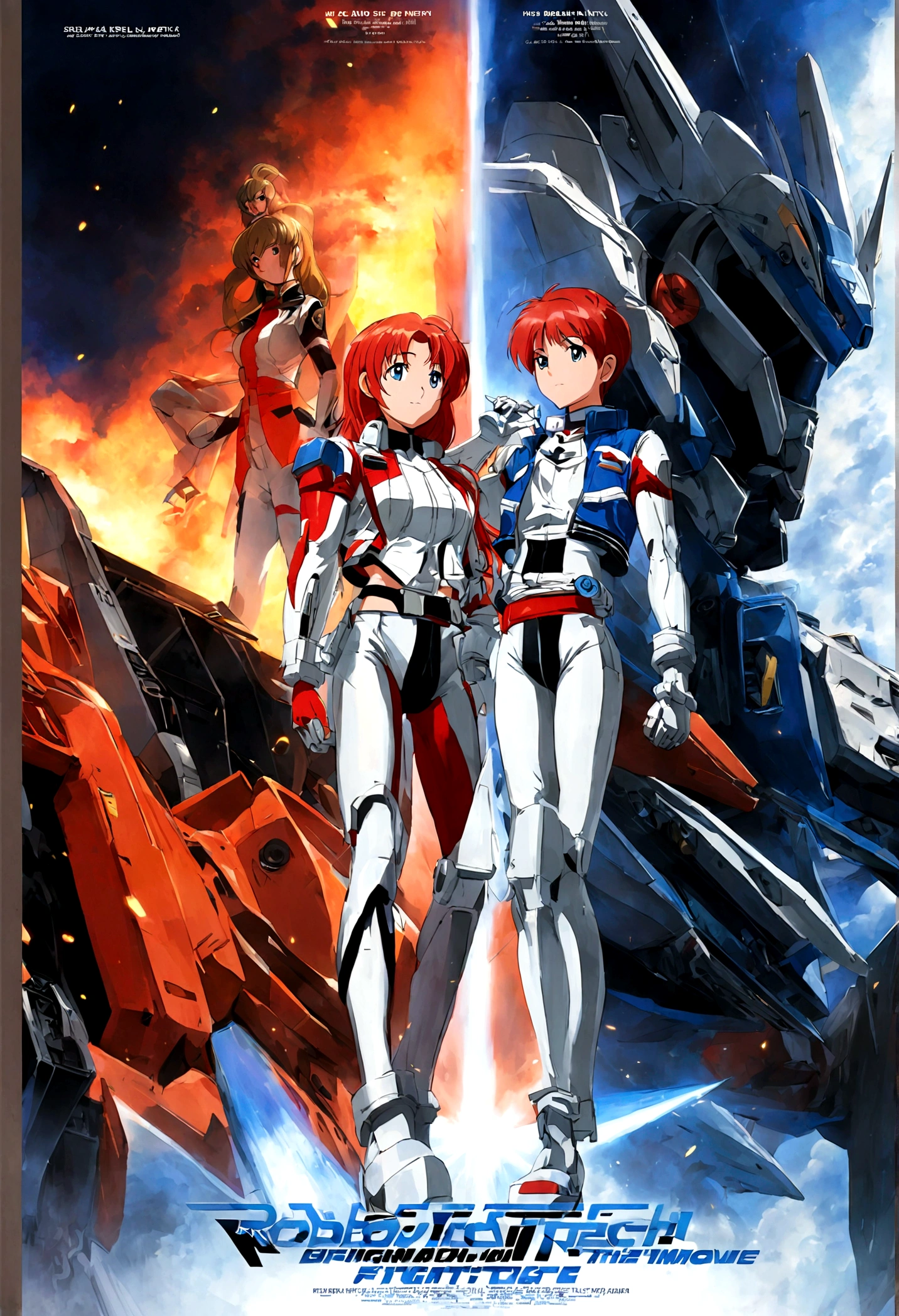 Robotech, Rick Hunter (pilot suit) and Lynn Minmei (j pop idol outfit) with a Veritech fighter in robot mode standing in the background, movie poster
