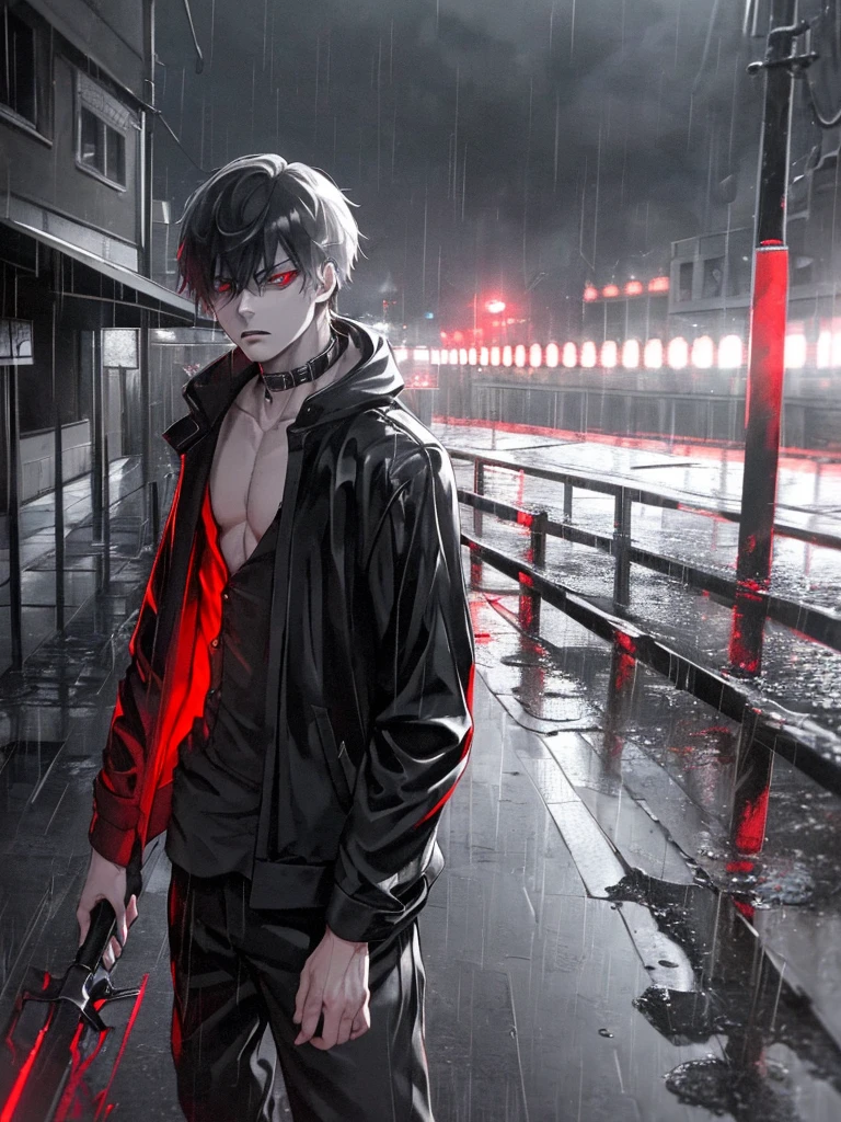 1 boy, Kaneki Fem, unbuttoned hoodie, dripping rain, Red and black color palette, detailed eyes and face, One, heterochromia, Black background, bang, red eyes black sclera, blue eyes normal sclera, black long ash hair, Menacing aura, dark atmosphere, mysterious atmosphere, Intense expression, urban setting, Smoke and shadows, haunting presence, stylish and edgy, ray tracing, perfect combination of light and dark, gaze, Captivating presence, smooth and sharp, Contrast of red and black, supernatural abilities suggested, Rain-drenched streets, atmosphere of danger, Mysterious personality, urban gothic aesthetic, Stormy weather, exciting and alluring, shade of blood red, smoky streets, thoughtful protagonist, stormy skies,(unbutton your pants),(Open the bottom zipper), (Best quality, 8K, A high resolution)