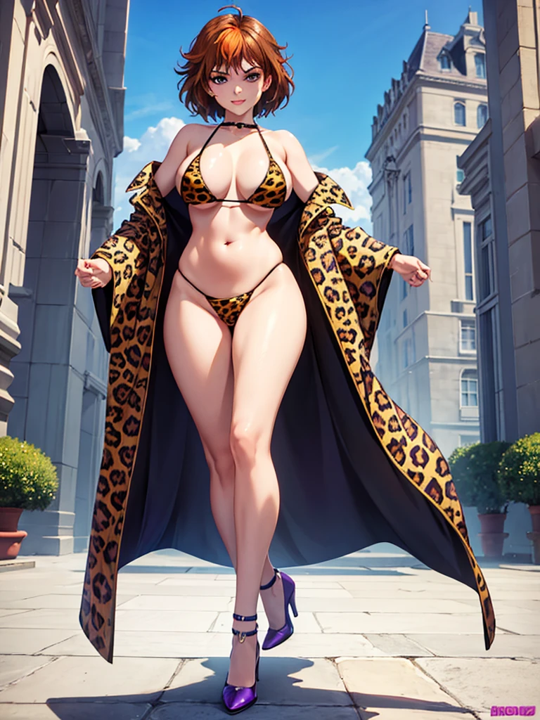 merula, full body, thighs, purple high heels, solo girl, medium tits, animal print bikini leopard, nude tits