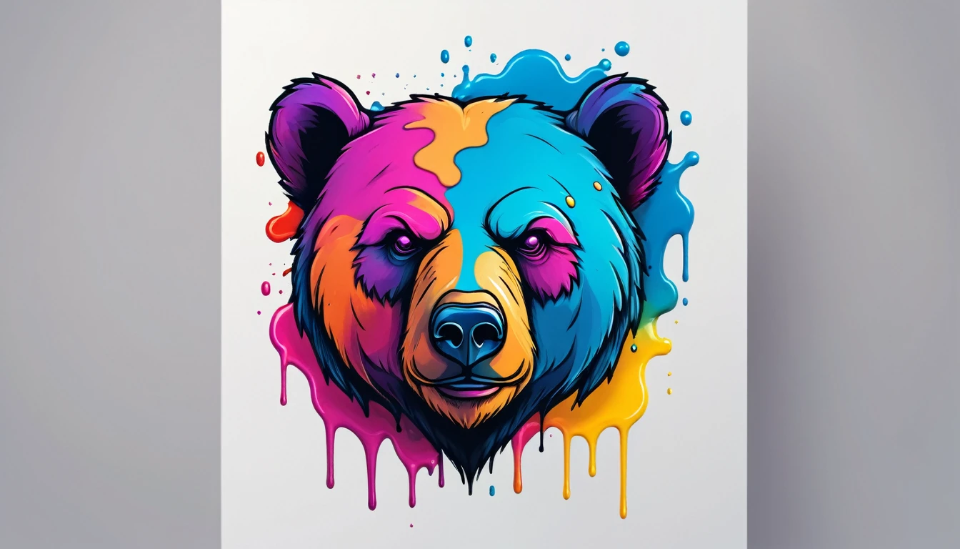 a portrait of Cyberpunk bear with colored fluid, T-shirt logo in tapered thin outline style, artwork (empty background)