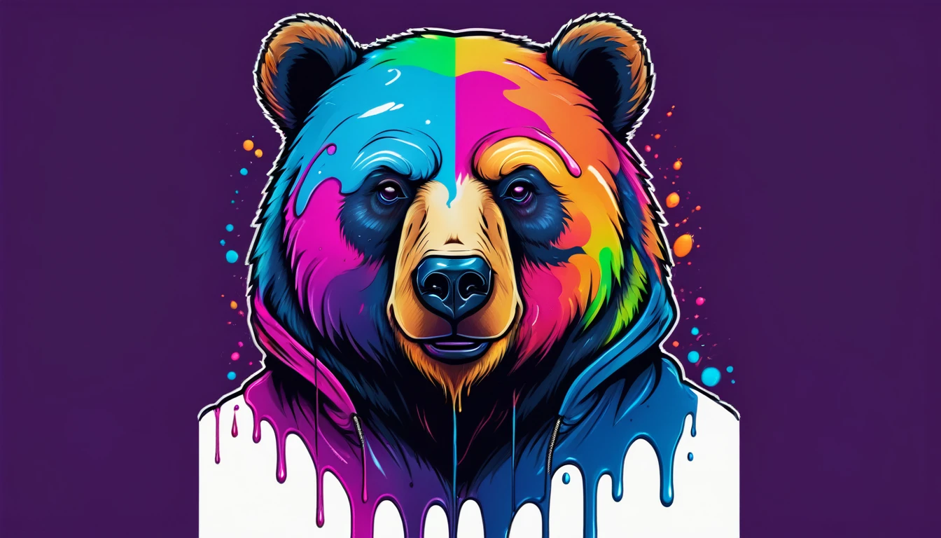 a portrait of Cyberpunk bear with colored fluid, T-shirt logo in tapered thin outline style, artwork (empty background)