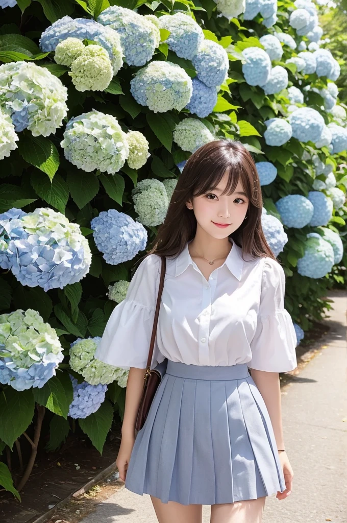 A cute 20-year-old girl in a park with hydrangeas in bloom(mini skirt