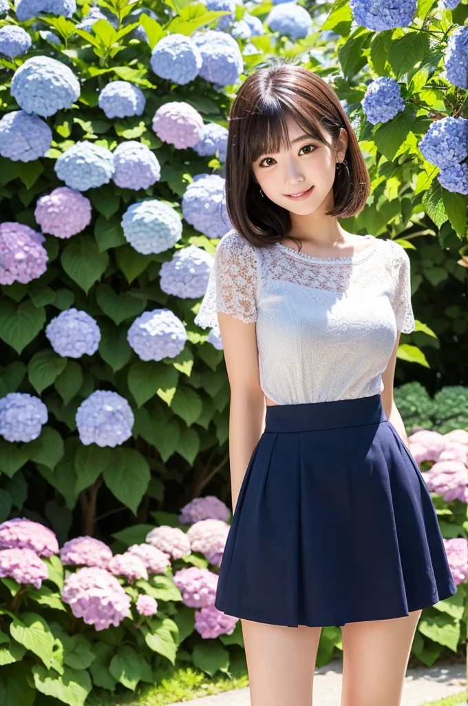 A cute 20-year-old girl in a park with hydrangeas in bloom（mini skirt