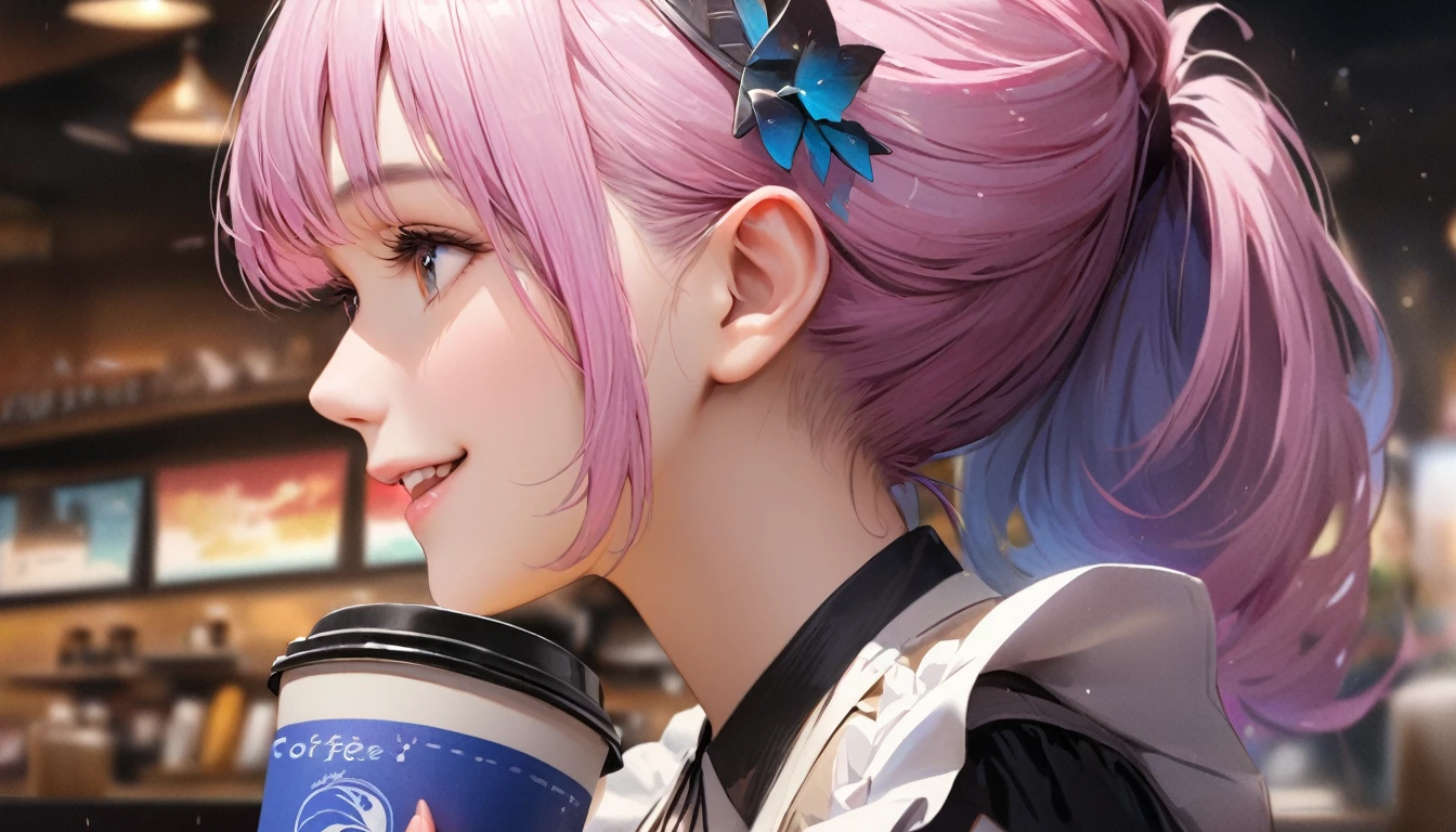 Coffee shop, Maid clothes,Carrying a coffee cup,Blur the background,High school girls,ponytail,smile,Glitter effect,Highest quality, 4K, 8k, High resolution, masterpiece:1.2, Very detailed, Realistic:1.37, High resolution, 超High resolution, Ultra-fine painting, Sharp focus, Physically Based Rendering, Very detailedな説明, Professional, Vibrant colors