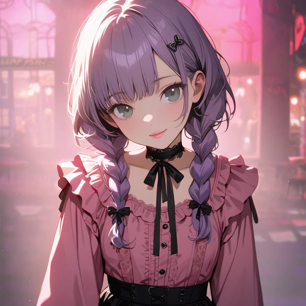 (Cute a girl:1.5), (a girl with closs hair pin,pale purple hair,wavy two braids,bluntbangs hair,green and black eyes,
pink shirt,cosplay, jirai kei, bangs, black skirt, black bow, looking at viewer, bow, long sleeves, choker, ribbon,pink lips, :1.4),(masterpiece:1.3), anime visual, (Lovey-dovey:1.5), (tilt head:1.3), extremely delicate face, soft clean focus, realistic lighting and shading, (an extremely delicate and beautiful art:1.3), elegant, (muted colors:1.1), small breast,slim,The Moulin Rouge in Paris, mysterious pink light, a slightly dark room,look at viewer,smiling,morning lit,