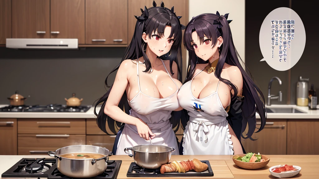 (Mature Woman:1.5), (mother:1.5), Ishtar, Fate Grand Order, (absurderes, 8K, 4K, masutepiece, hyper extreme detailed:1.2), Best Quality, Perfect Anatomy,Perfect face,Facing forward,High humidity, (alone:1.2), (Sweaty:1.3), shortness of breath, High humidity, humid, (Black Hair:1.1), Red eyes, Looking into the camera, (Very large breasts:1.5), Light clothing, apron, (kitchen;1.1), (Having a conversation:1.5), (Speech bubble:1.2), A kind smile, relief, peace of mind, mother性, Cooking, have a ladle, pot, pot-au-feu,