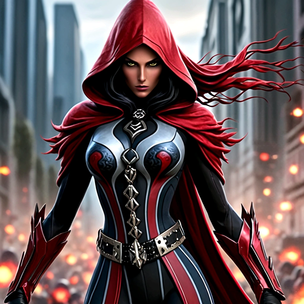 nix dark spawn woman black hair black hood very strong, 8k ultra high quality, masterpiece, ultra detailed, dark city around, rays cosmic around
