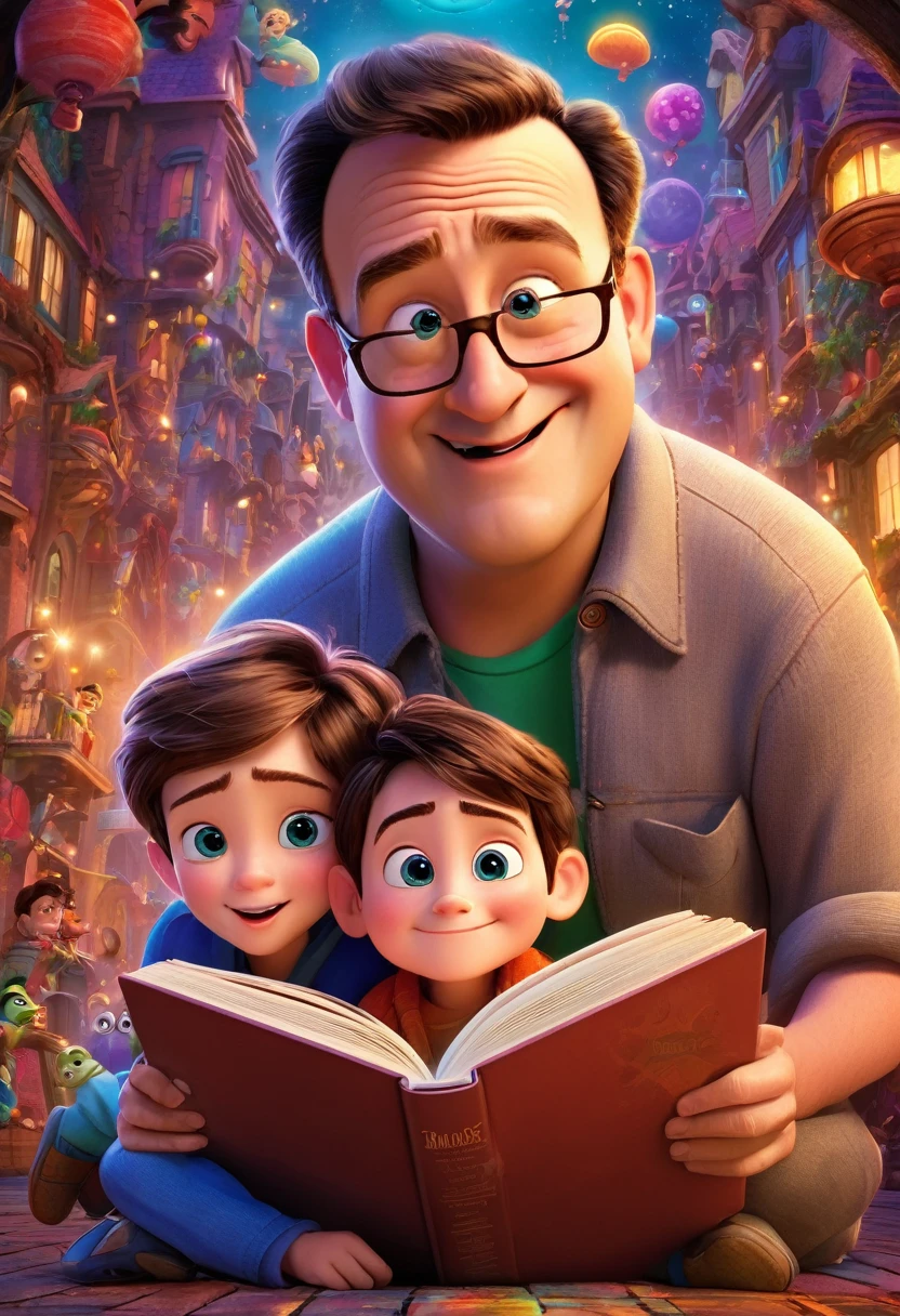 (wide amgle:1.3),(bright and vibrant colors), (highres), (realistic:1.37), Disney Pixar Movie poster, (art by Kevin James), skinny, no muscle, (55 years old man and his son),father and son, (beautiful detailed eyes:1.1), (beautiful detailed lips:1.1), smiling with a warm expression, (charming appearance:1.1), (professional lighting), (ultra-fine rendering), upper body shot, (expressive facial features:1.1), reading a book to the son, (reading intently:1.1), surrounded by magical elements representing different Pixar movies, (dynamic composition), (whimsical details), (playful characters), vibrant background, filled with color and joy, (3D render), (fantastical art style), (nostalgic aesthetic), (attention to detail:1.1).