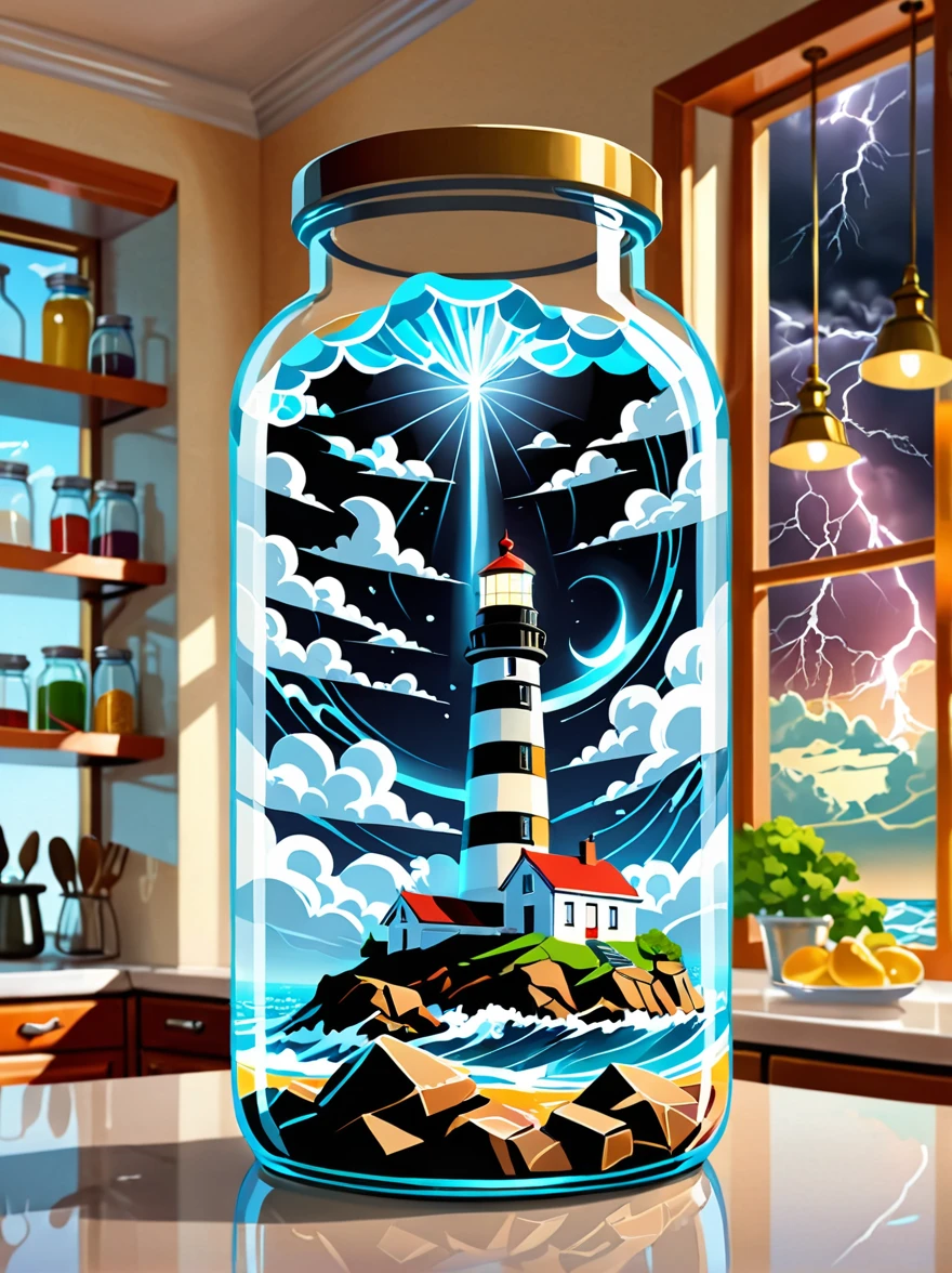 (flat, user interface vector style), (world in a bottle), Breathtaking epic scenes，Optical illusion of a lighthouse in a storm，Thunderstorm，(Inside the glass jar), Glass jars on the kitchen counter，Ray Tracing，Awe，Swirling mist，Awe，mystery，Jay Anacleto&#39;s style，Bokeh，The award-winning，major，Highly detailed，1pzsj1