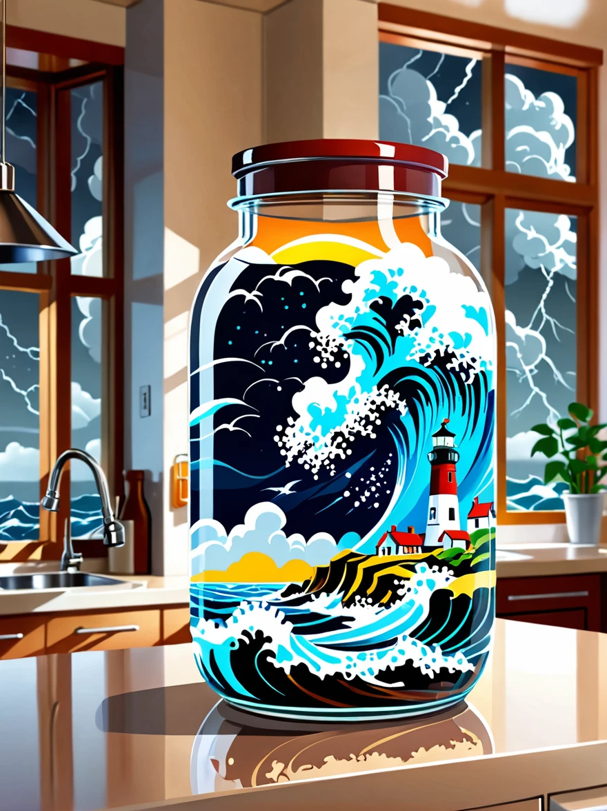 (flat, user interface vector style), (world in a bottle), Breathtaking epic scenes，Optical illusion of a lighthouse in a storm，Thunderstorm，(Inside the glass jar), Glass jars on the kitchen counter，Ray Tracing，Awe，Swirling mist，Awe，mystery，Jay Anacleto&#39;s style，Bokeh，The award-winning，major，Highly detailed，1pzsj1