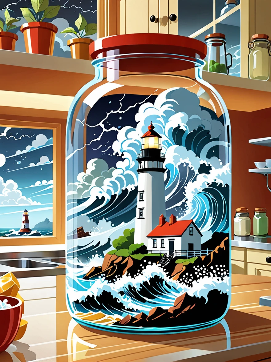 (flat, user interface vector style), (world in a bottle), Breathtaking epic scenes，Optical illusion of a lighthouse in a storm，Thunderstorm，(Inside the glass jar), Glass jars on the kitchen counter，Ray Tracing，Awe，Swirling mist，Awe，mystery，Jay Anacleto&#39;s style，Bokeh，The award-winning，major，Highly detailed，1pzsj1