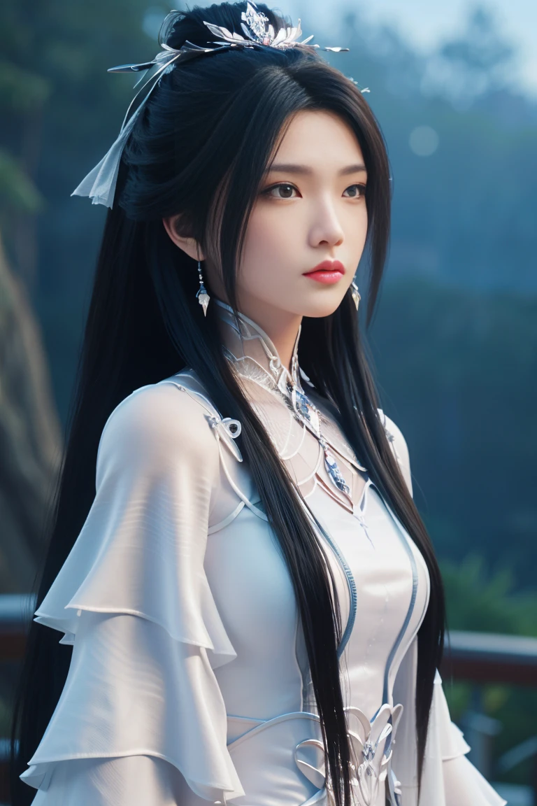 best quality, tmasterpiece,Ultra-high resolution,Clear face,(Reality:1.4),ferpect lighting,(upper body photo), (photorealistic:1.50), anime wallpaper, Guviz style artwork , cover-up fantasy to magic, by Yang J, Guviz, beautiful artwork illustration, beautiful digital artwork, beautiful digital illustration, Li Song, beautiful anime portrait, art style at Beauvot, 1girl,solo, long hair, black hair, hair ornament, Chinese dress,