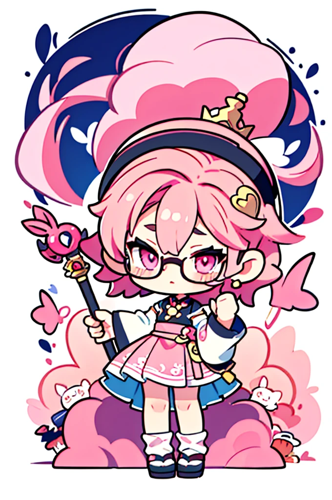 1 person , man ,Short haircut ,cartoon girl with pink hair and glasses wearing a crown, ((pink)), Official fan art, The delicate androgynous prince, anime moe art style, cute art style, Chibi style, 🍁 cute, Kawaii Chibi, ❤🔥🍄🌪, Chibi Art, Fan Art Demon Slayer Rui, cute character, Maple character art, High quality fan art