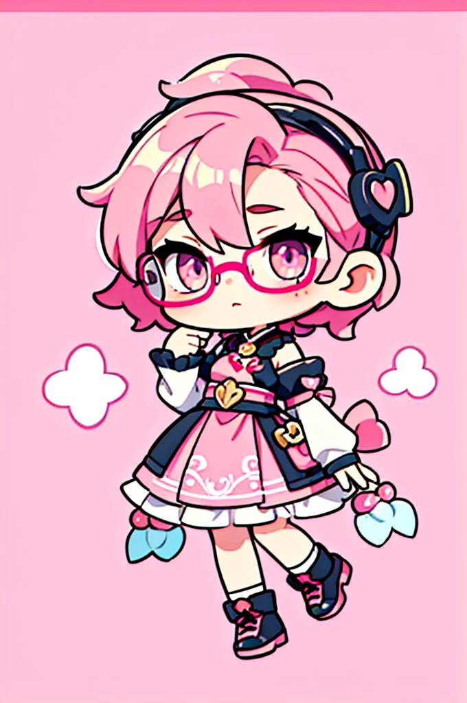1 person , man ,Short haircut ,cartoon girl with pink hair and glasses wearing a crown, ((pink)), Official fan art, The delicate androgynous prince, anime moe art style, cute art style, Chibi style, 🍁 cute, Kawaii Chibi, ❤🔥🍄🌪, Chibi Art, Fan Art Demon Slayer Rui, cute character, Maple character art, High quality fan art