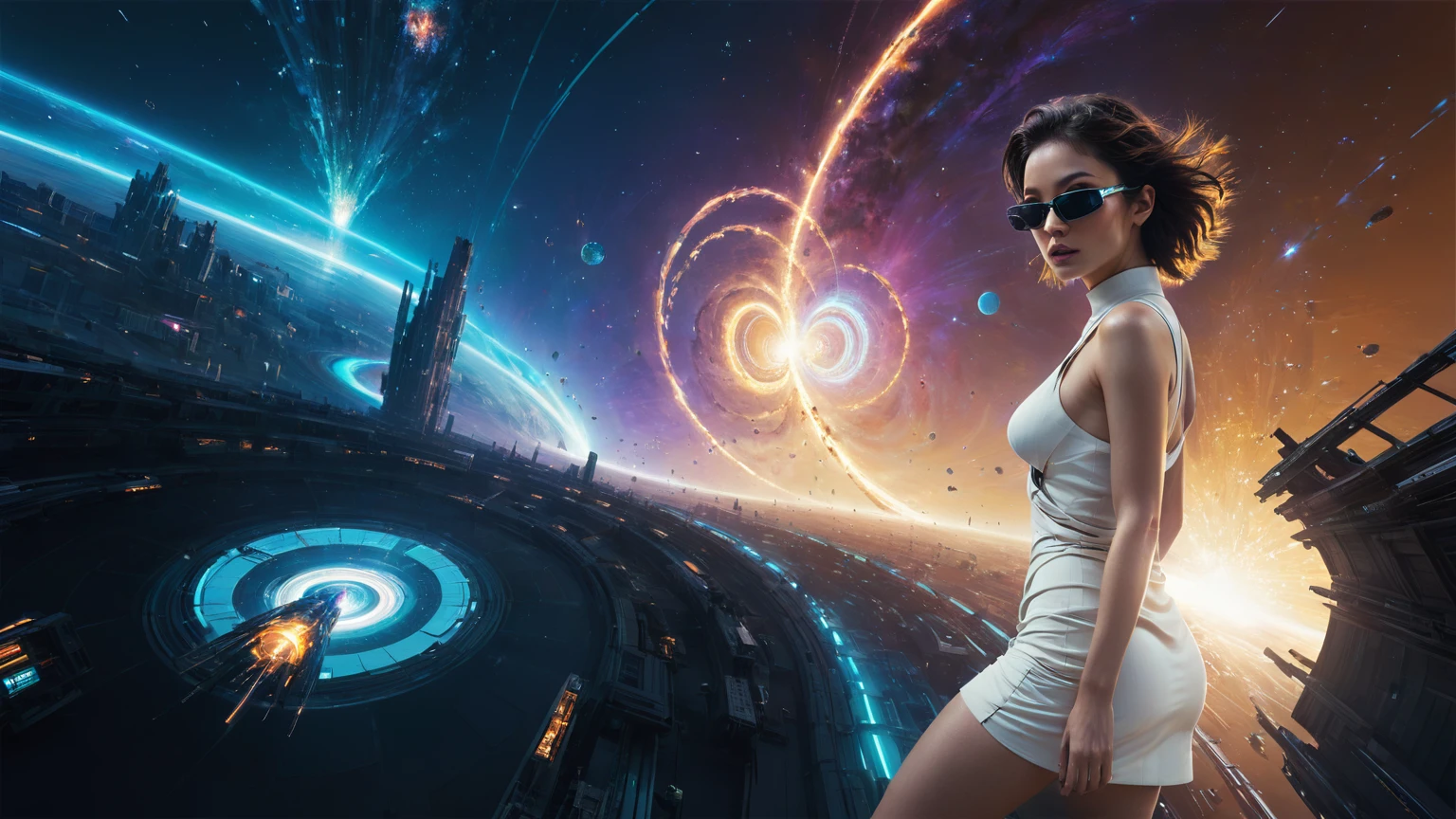 brightly colored abstract image of a space station with a spiral, epic beautiful space scifi, chaotic cinematic space rift, greg beeple, planets colliding, beeple and tim hildebrandt, beeple and jean giraud, end of the universe, galaxy space sci-fi, ringworld, by Mike "Beeple" Winkelmann. Matrix style, (((((Matrix cascading code))))), (((((a futuristic twin tower skyscraper with a unique twisted design))))), (((((OLED GUI interfaces in the building))))), at night, (((((1girl, solo))))), photo realistic, (((large-breast:1.2 slim body, cleavage))), (((off broken mini sling-shirt and black sling bra, extreamly short pleated miniskirt exposing panty))), (((((running pose))))), (((((matrix style black sunglasses))))), ((((((((((aiming with a short gun)))))))))), (((((looking at camera))))), (((very low view))), (((((half-body thigh level medium shot))))), (((cinematic lighting))).