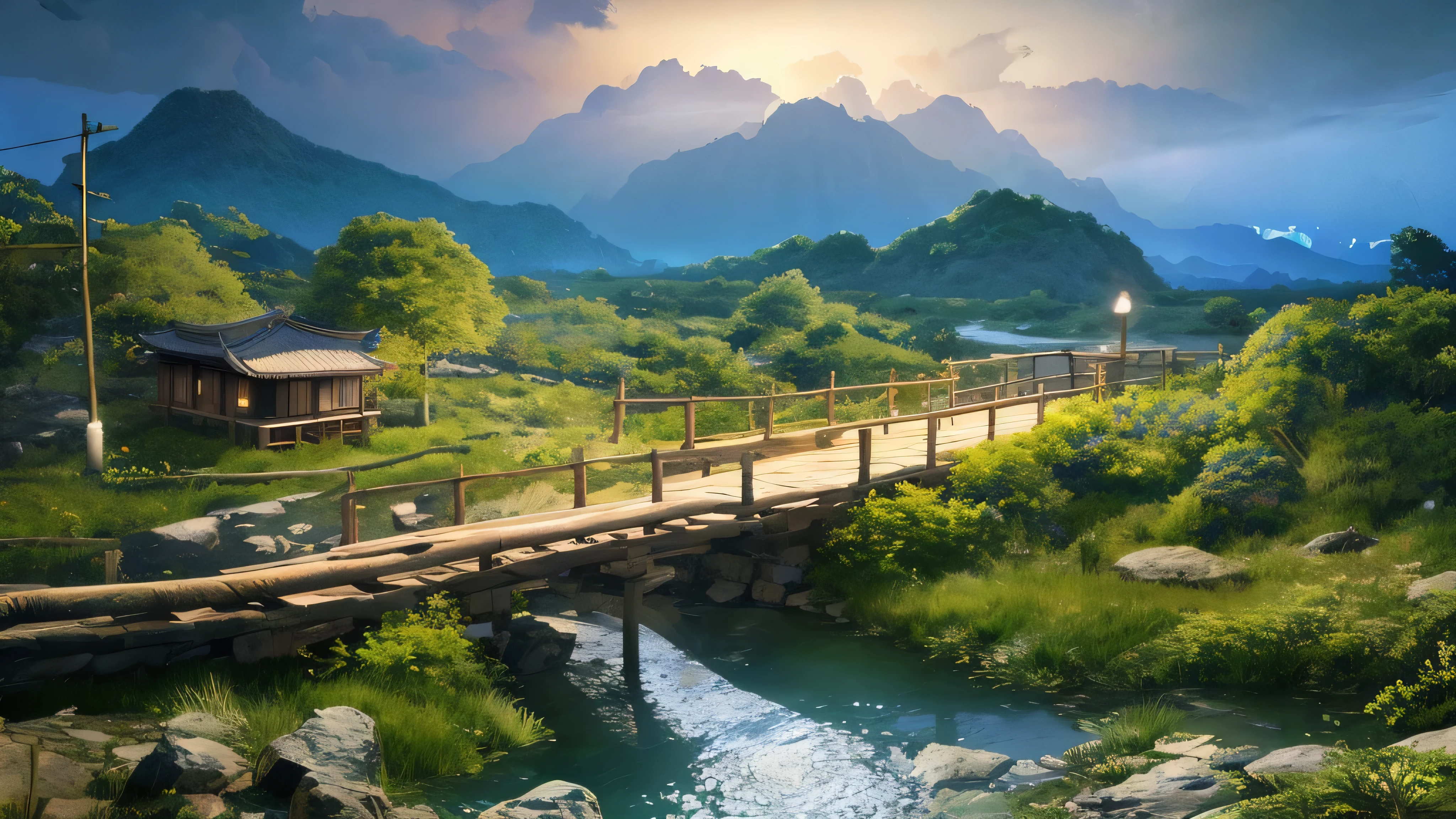 The Jungle Book, bamboo tree fantasy, Long bamboo, Practical, consumption environment, AI, Artificial water source, Build a bridge between two different places surrounded by bamboo forest, Night view, 8k best quality, AMD FidelityFX Super Resolution 3, Rendered by Nvidia RTX DLSS 3.5,(masterpiece, best quality:1.2), (masterpiece, best quality:1.2), landscape, aerial perspective, Tropical mountains, landscape indigo accent, mythology, cinematic,detailed, Atmospheric,backlight,epic, cinematic, conceptual art, matte painting, Beautiful scenery, Realistic lighting, masterpiece, high quality, nice graphics, high detail, ultra detailed, cinematic lighting, high dynamic range, illustration, --v6(Conceptual art, Contemporary art, cinematic lighting, anatomically correct, UHD, masterpiece, highres, 16k, high quality, award winning)