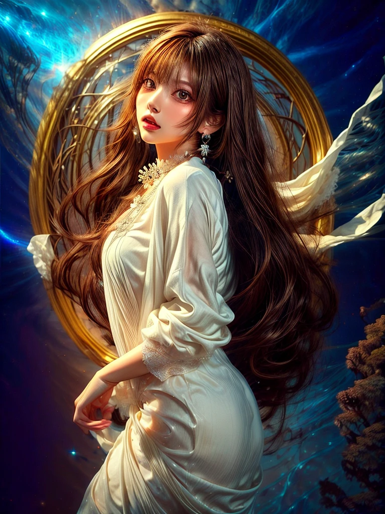 4K Ultra HD, masterpiece, A girl with a magical aura, Nice face, Long Hair, Shiny Hair, Fine grain, Glossy lips, Nude 1.5, Aura around the body, Magical Effects, Spreading white light, Cosmic elements and ethereal atmosphere, A mix of bright lights and colorful nebulae, Space Background,, Full Body Capture.Whitening、((Brown Hair))、(((Wearing white cloth 1.5)))、Fluttering hair and fabric、hair ornaments、necklace、Big earrings、、