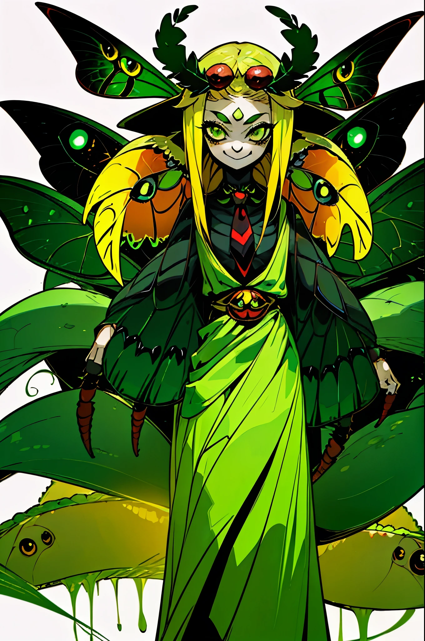 1girl, chibi spider girl, monster musume, 9 years old, hairy thin long spider legs, dragonfly wings, moth antenas on head, blonde long hair, yellow hair, green clothes, green eyes, flat chest, smiling innocently, hades style, hadesstyle, hades2style, hades 2 style