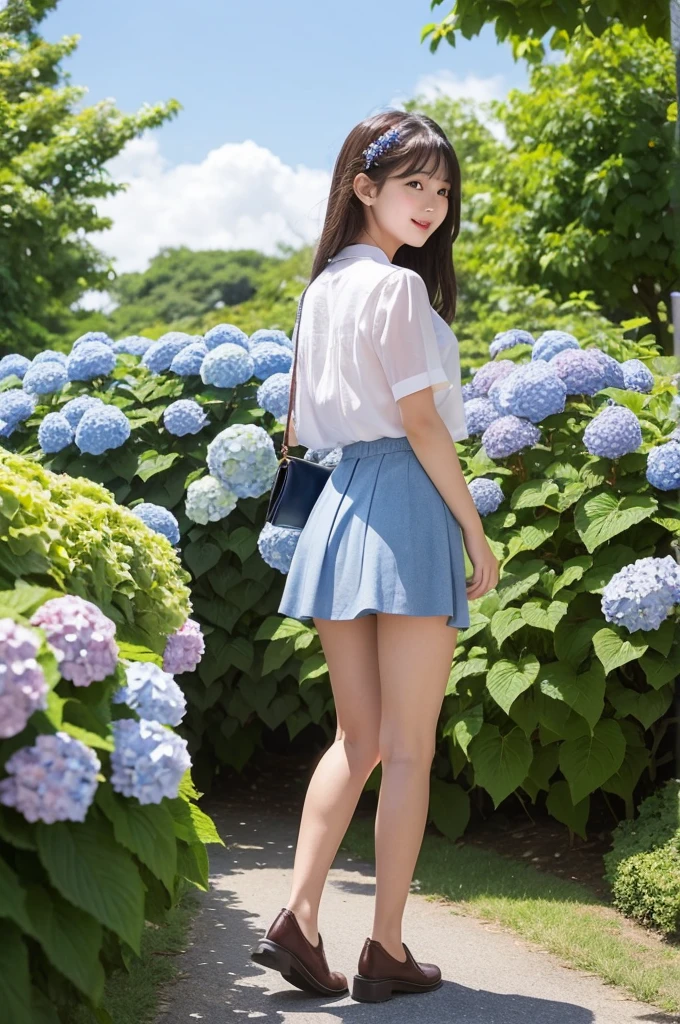 A cute 20-year-old girl in a park with hydrangeas in bloom(mini skirt