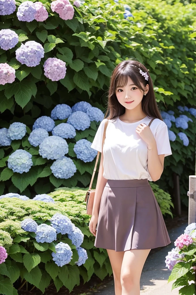 A cute 20-year-old girl in a park with hydrangeas in bloom(mini skirt