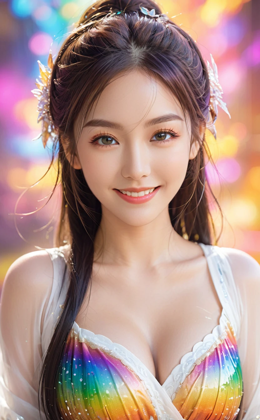 a beautiful young woman with a bright smile, detailed eyes, and long eyelashes, particle effects floating around her, streaming colorful liquid, wearing a fantasy-style outfit that showcases her large breasts, in a complex anime-inspired scene with rich colors and a nice blurred background