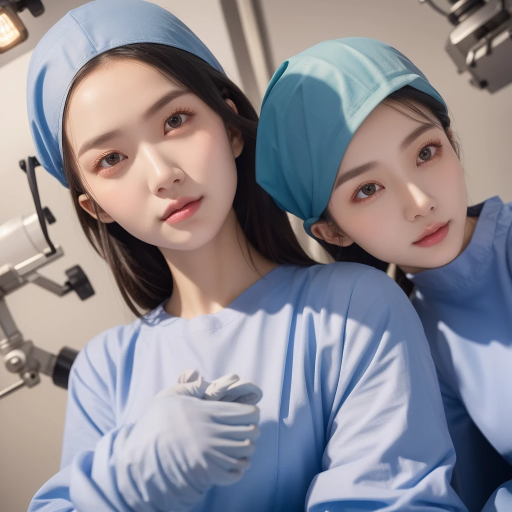 modern operating room, overhead surgical light, looking downward, (1girl:1.47), surgery_pov, view from below, pov, beautiful slim Korean woman, wearing (long sleeve surgical outfit, surgical mask, surgical gloves, surgical cap), solid circle eyes, ccurate, sparkling eyes, high detail, photo-realistic:1.37, 8k, super detail, best quality, masterpiece, anatomically correct, super detail, textured skin, extremely detailed face and eyes, detailed facial features, ((perfect face))