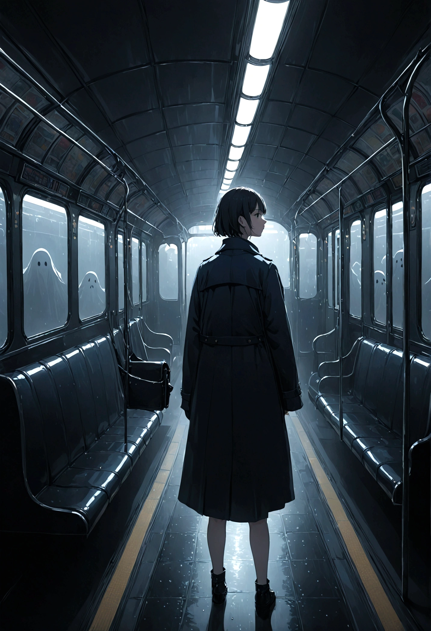 ((masterpiece), Absurd quality, 16K, 1 girl with short hair, Wearing a dark blue coat, She is long, Dimly lit subway. The perspective camera captures the entire vehicle. In the carriage, Innermost, In a dark corner not well lit by the flashing lights, A faceless ghost appears dressed in transparent black clothing, It is translucent, The lighting is so dim that you can barely see anything. The girl in profile is breathing in cold air through her breath. Cold raindrops fall on the foggy window、A dim light shines in from outside。, Brighten up the interior atmosphere..A girl with a calm and thoughtful expression, The faceless man watches silently.