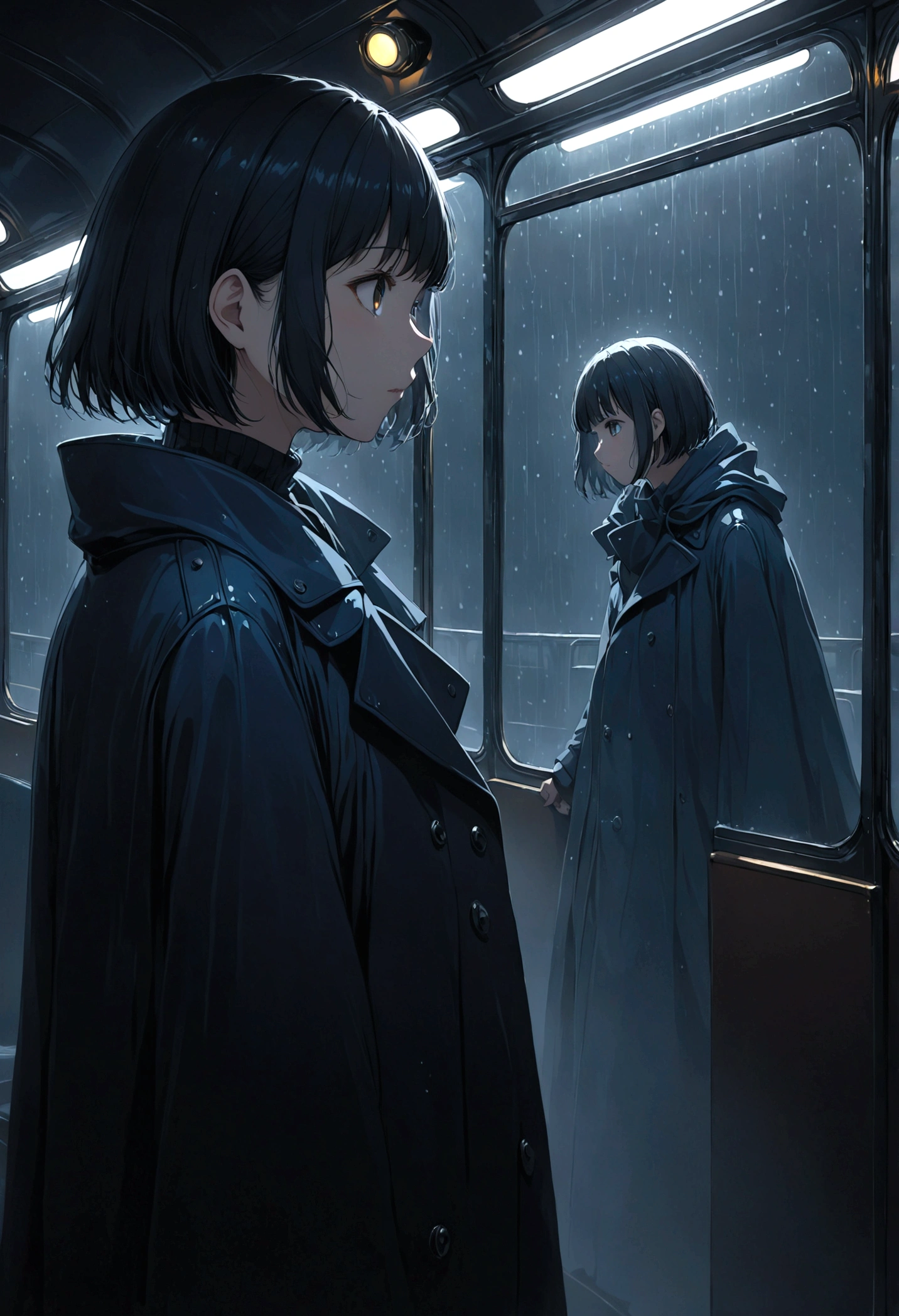 ((masterpiece), Absurd quality, 16K, 1 girl with short hair, Wearing a dark blue coat, She is long, Dimly lit subway. The perspective camera captures the entire vehicle. In the carriage, Innermost, In a dark corner not well lit by the flashing lights, A faceless ghost appears dressed in transparent black clothing, It is translucent, The lighting is so dim that you can barely see anything. The girl in profile is breathing in cold air through her breath. Cold raindrops fall on the foggy window、A dim light shines in from outside。, Brighten up the interior atmosphere..A girl with a calm and thoughtful expression, The faceless man watches silently.