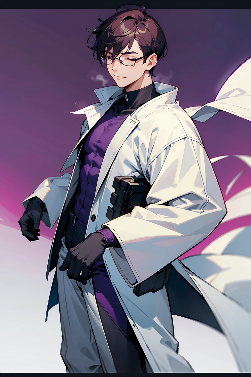 1male, Young Adult, Dark Violet Hair, Eyes Closed, Short Hair, Dojo Background, Slight Smile, Glasses, Standing In City, Detailed background, Black and White Combat Suit, White Coat