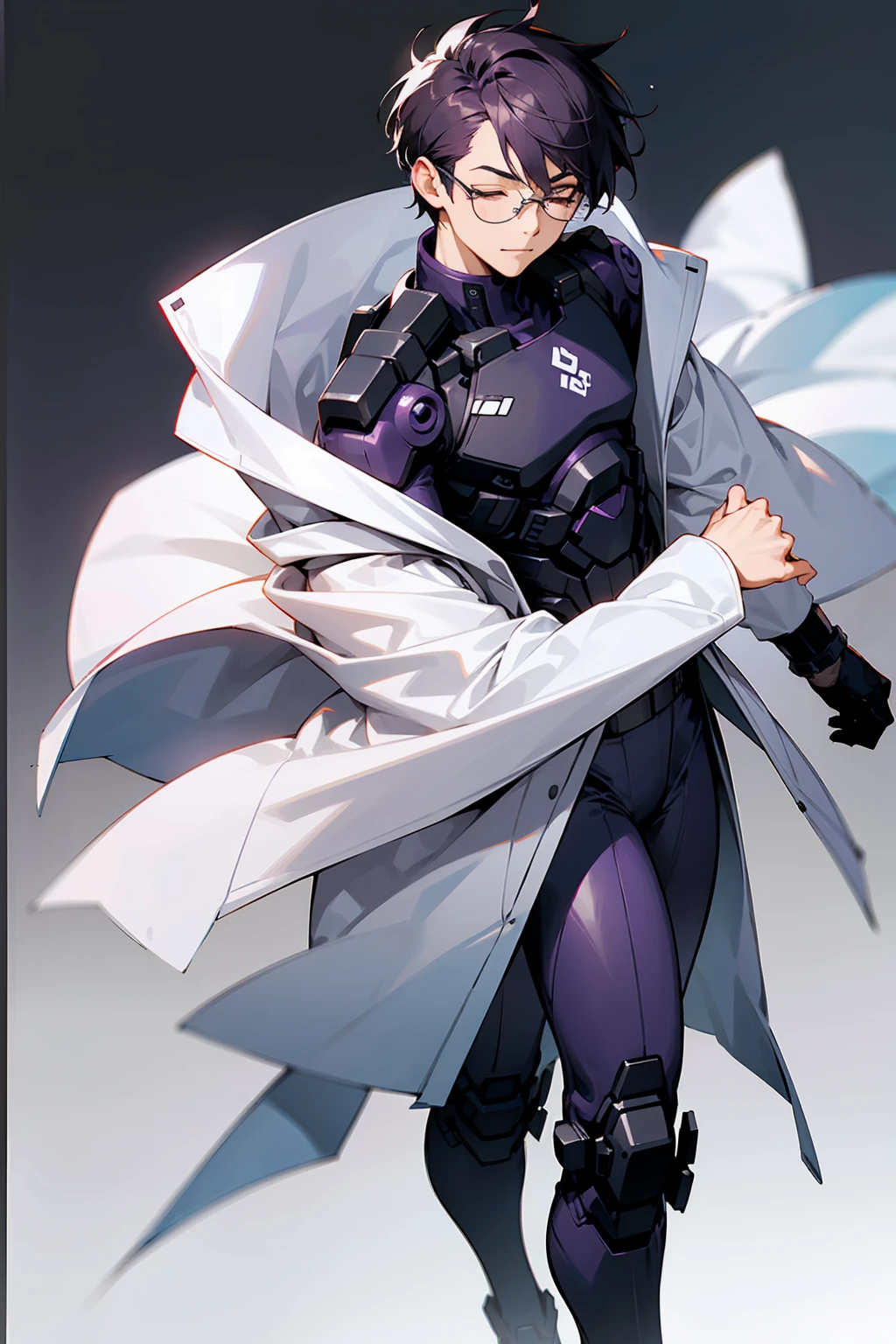 1male, Young Adult, Dark Violet Hair, Eyes Closed, Short Hair, Dojo Background, Slight Smile, Glasses, Standing In City, Detailed background, Black and White Combat Suit, White Coat