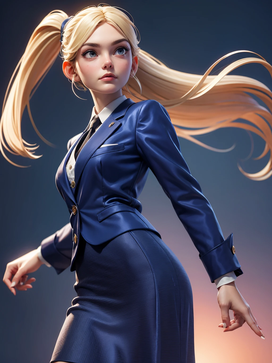 3DMM style, (Masterpiece, Top Quality, Best Quality, Official Art, Beauty and Aesthetic: 1.2), (Fractal Art: 1.3), 1 Girl, Beautiful, High Detail, Blonde, Short Hair, Hairband, Dark Light, Serious Face, Looking Up, Sky, Medium Background, Flowing Skirt, (((Dark Blue Three-Piece Suit))), Dress Shirt, Tie, Sport Coat, Suit Jacket, Vest, Tight Skirt, Jewelry