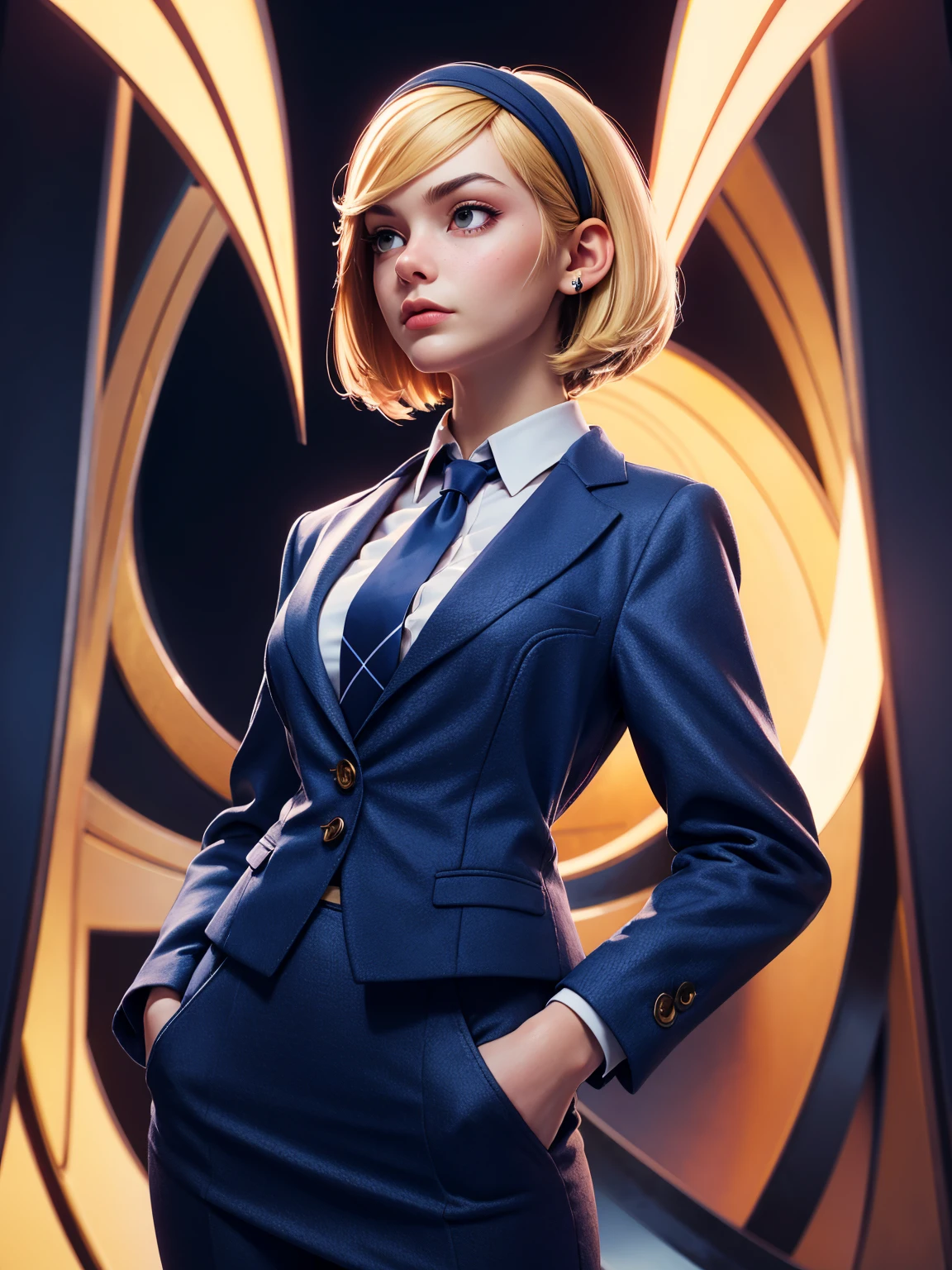 3DMM style, (Masterpiece, Top Quality, Best Quality, Official Art, Beauty and Aesthetic: 1.2), (Fractal Art: 1.3), 1 Girl, Beautiful, High Detail, Blonde, Short Hair, Hairband, Dark Light, Serious Face, Looking Up, Sky, Medium Background, Flowing Skirt, (((Dark Blue Three-Piece Suit))), Dress Shirt, Tie, Sport Coat, Suit Jacket, Vest, Tight Skirt, Jewelry