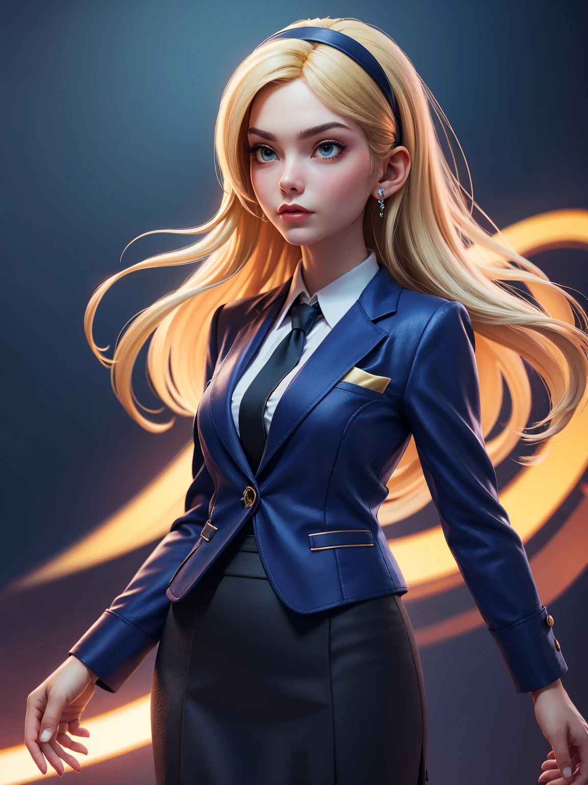 3DMM style, (Masterpiece, Top Quality, Best Quality, Official Art, Beauty and Aesthetic: 1.2), (Fractal Art: 1.3), 1 Girl, Beautiful, High Detail, Blonde, Short Hair, Hairband, Dark Light, Serious Face, Looking Up, Sky, Medium Background, Flowing Skirt, (((Dark Blue Three-Piece Suit))), Dress Shirt, Tie, Sport Coat, Suit Jacket, Vest, Tight Skirt, Jewelry