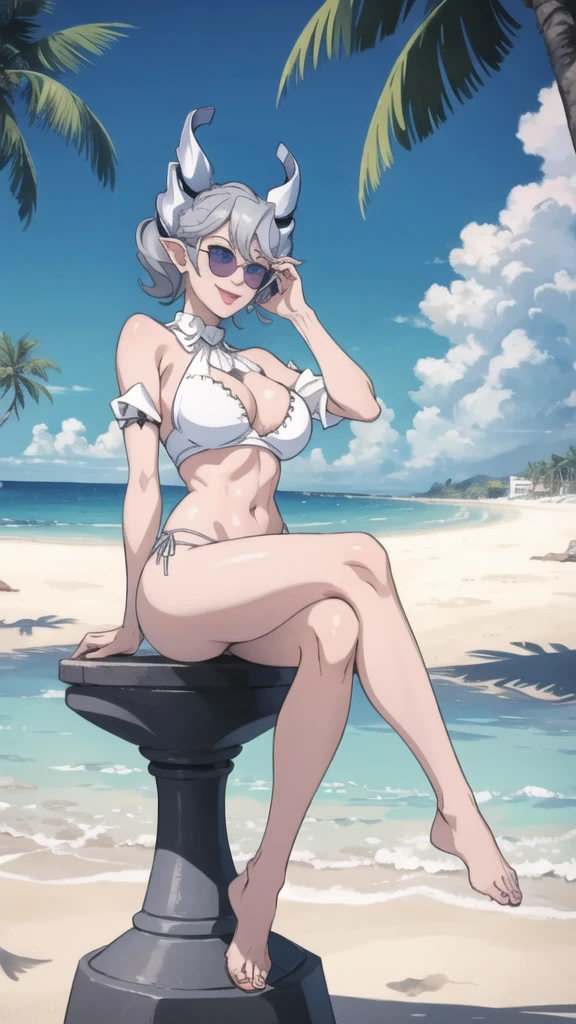 High level image quality best image quality 8K adult woman beach sunset palm trees whole body view portrait blue bikini horn ears short hair((shortcut)(gray hair)(perm)(fluffy)) eye color is blue , pure classy pink sunglasses , attractive evil face , smile , sexy pose , labrynth , barearm , wearing white shirt , sitting , crossed leg style in detailed , view foot arc