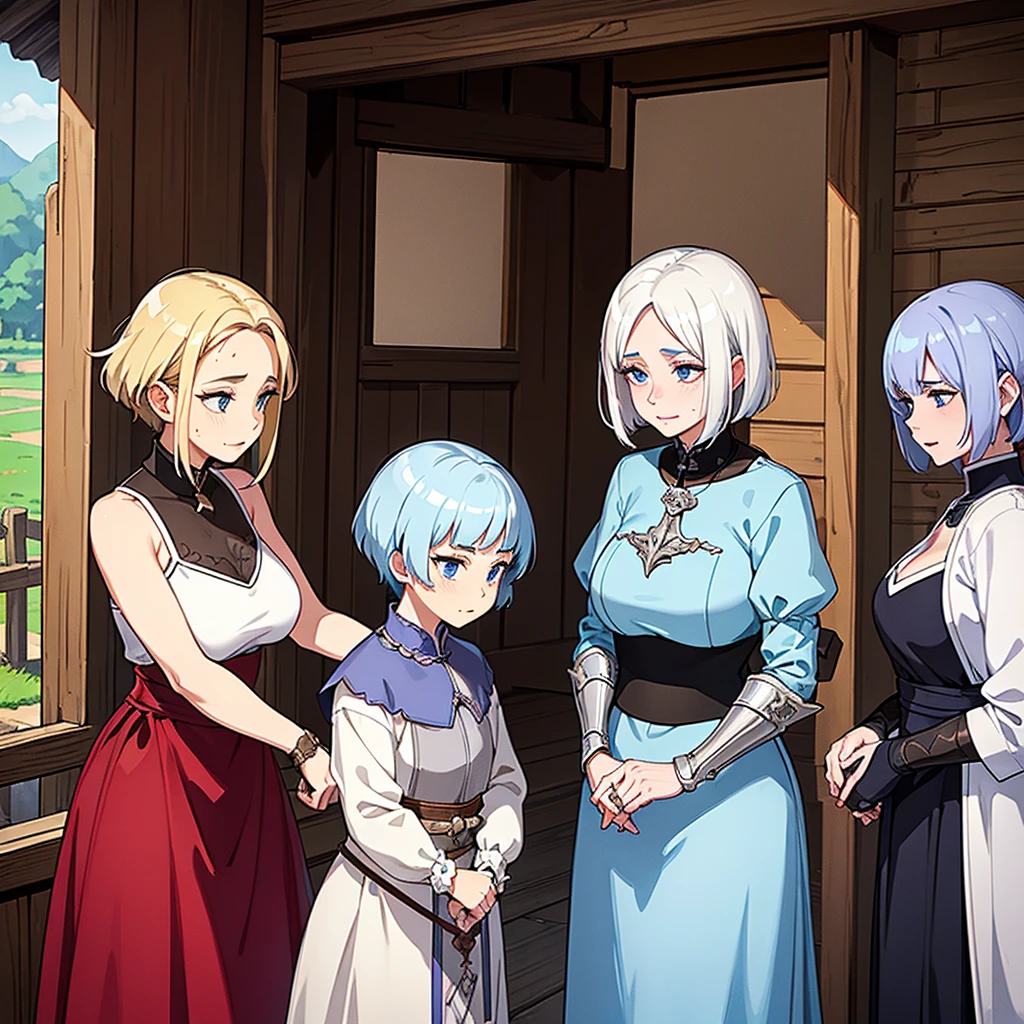 Fantasy、Medieval Knight、(Hairstyle:Middle Reason、Very Short Hair)、(Thin eyebrows)、(((Mature Woman、elder、80 year old grandmother)))、(Facial wrinkles、Age Line)、(Farmer's clothes)、Run、(From above)