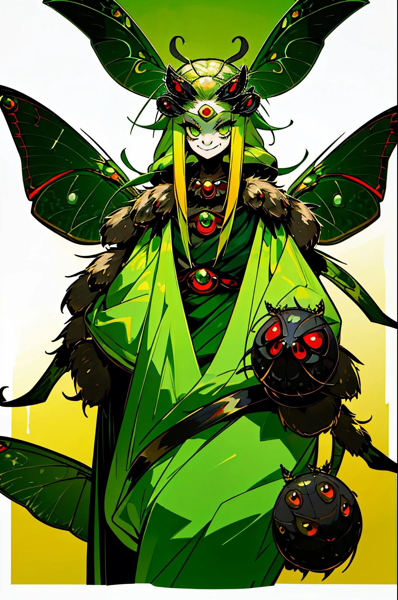 1girl, chibi spider girl, monster musume, 9 years old, hairy thin long spider legs, dragonfly wings, moth antenas on head, blonde long hair, yellow hair, green clothes, green eyes, flat chest, smiling innocently, hades style, hadesstyle, hades2style, hades 2 style