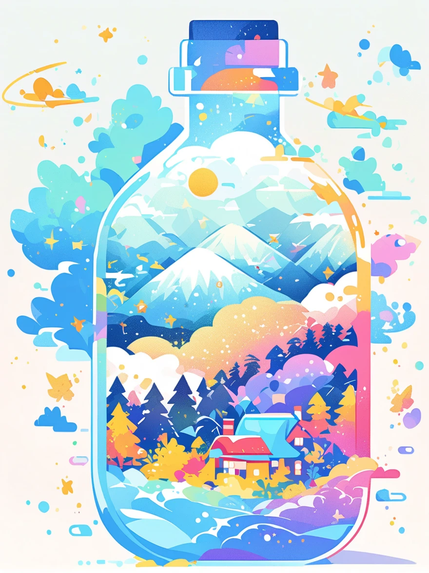 (flat, user interface vector style), (world in a bottle), Soft rime, Pine forest covered with soft frost, 美丽的冰雪Soft rime, Luminescence, Ethereal, Night Sky, (Clear crystal bottle), Shining stars, Magical scene, Vibrant colors, Soft tones, Warm golden glow, Tranquil atmosphere, (simple illustration), (smooth line art), (minimalism), white background, (graphic design aesthetics), (flat illustration)