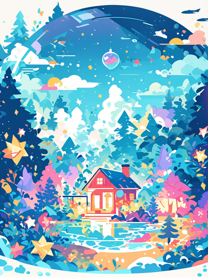(flat, user interface vector style), (world in a bottle), Soft rime, Pine forest covered with soft frost, 美丽的冰雪Soft rime, Luminescence, Ethereal, Night Sky, (Clear crystal bottle), Shining stars, Magical scene, Vibrant colors, Soft tones, Warm golden glow, Tranquil atmosphere, (simple illustration), (smooth line art), (minimalism), white background, (graphic design aesthetics), (flat illustration)