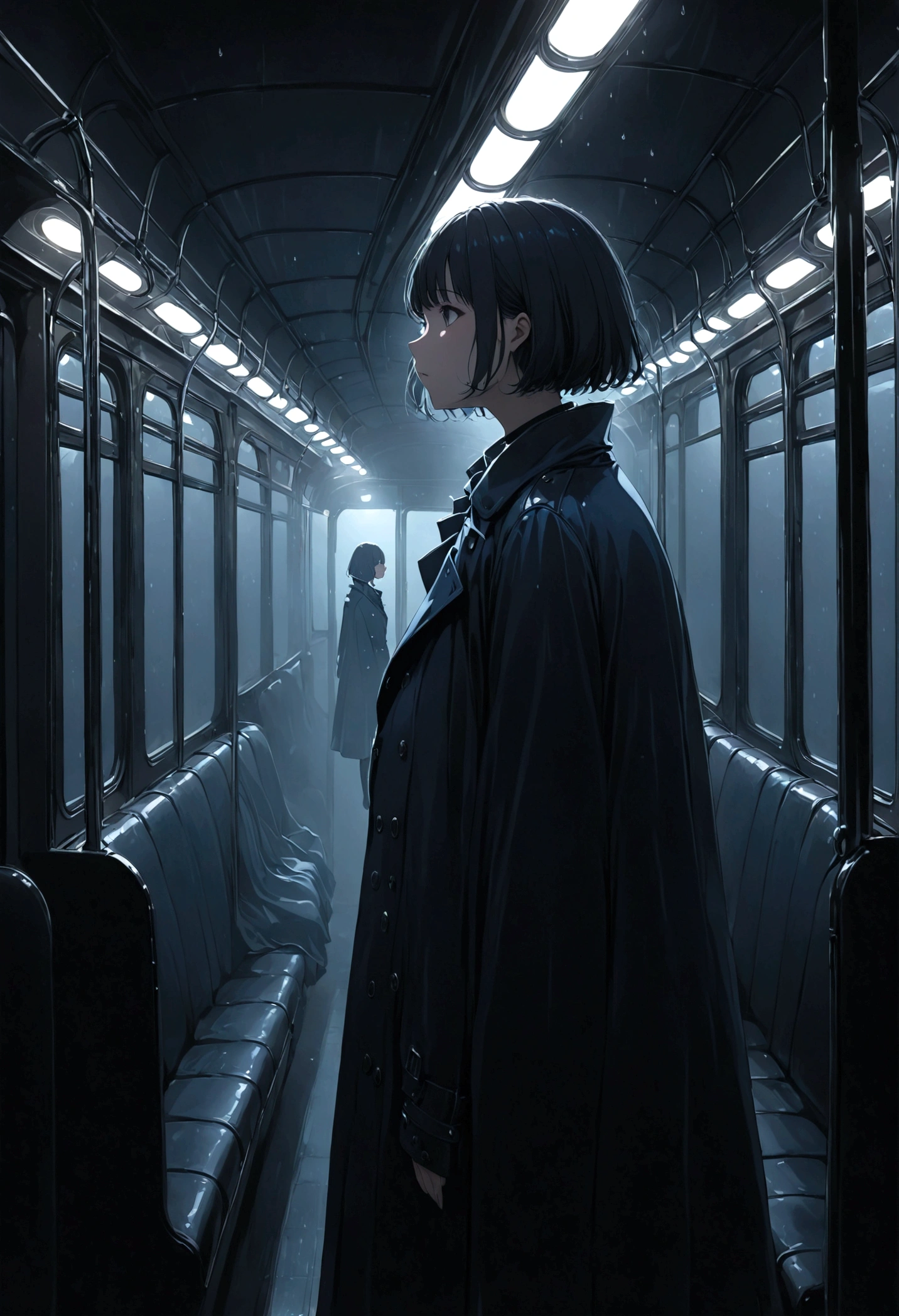 ((masterpiece), Absurd quality, 16K, 1 girl with short hair, Wearing a dark blue coat, She is long, Dimly lit subway. The perspective camera captures the entire vehicle. In the carriage, Innermost, In a dark corner not well lit by the flashing lights, A faceless ghost appears dressed in transparent black clothing, It is translucent, The lighting is so dim that you can barely see anything. The girl in profile is breathing in cold air through her breath. Cold raindrops fall on the foggy window、A dim light shines in from outside。, Brighten up the interior atmosphere..A girl with a calm and thoughtful expression, The faceless man watches silently.