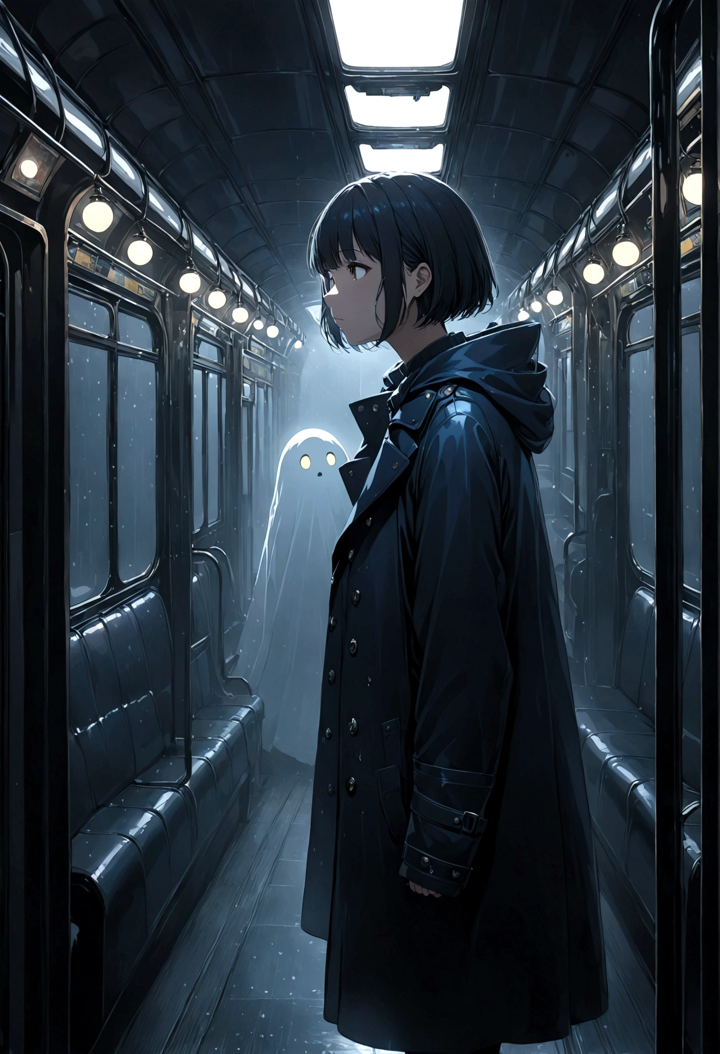 ((masterpiece), Absurd quality, 16K, 1 girl with short hair, Wearing a dark blue coat, She is long, Dimly lit subway. The perspective camera captures the entire vehicle. In the carriage, Innermost, In a dark corner not well lit by the flashing lights, A faceless ghost appears dressed in transparent black clothing, It is translucent, The lighting is so dim that you can barely see anything. The girl in profile is breathing in cold air through her breath. Cold raindrops fall on the foggy window、A dim light shines in from outside。, Brighten up the interior atmosphere..A girl with a calm and thoughtful expression, The faceless man watches silently.