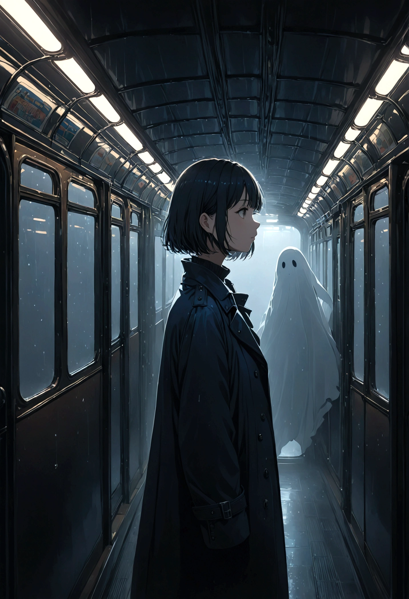((masterpiece), Absurd quality, 16K, 1 girl with short hair, Wearing a dark blue coat, She is long, Dimly lit subway. The perspective camera captures the entire vehicle. In the carriage, Innermost, In a dark corner not well lit by the flashing lights, A faceless ghost appears dressed in transparent black clothing, It is translucent, The lighting is so dim that you can barely see anything. The girl in profile is breathing in cold air through her breath. Cold raindrops fall on the foggy window、A dim light shines in from outside。, Brighten up the interior atmosphere..A girl with a calm and thoughtful expression, The faceless man watches silently.