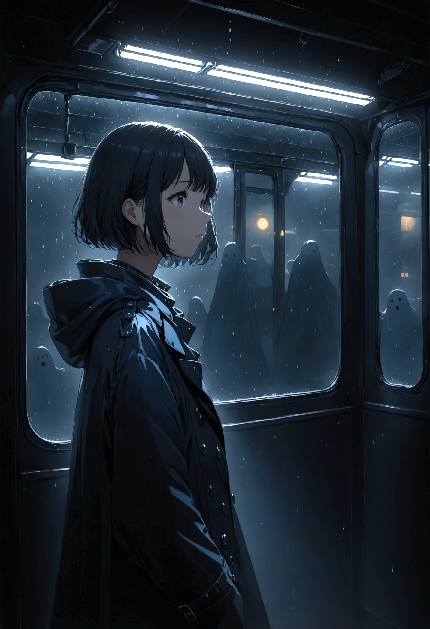 ((masterpiece), Absurd quality, 16K, 1 girl with short hair, Wearing a dark blue coat, She is long, Dimly lit subway. The perspective camera captures the entire vehicle. In the carriage, Innermost, In a dark corner not well lit by the flashing lights, A faceless ghost appears dressed in transparent black clothing, It is translucent, The lighting is so dim that you can barely see anything. The girl in profile is breathing in cold air through her breath. Cold raindrops fall on the foggy window、A dim light shines in from outside。, Brighten up the interior atmosphere..A girl with a calm and thoughtful expression, The faceless man watches silently.