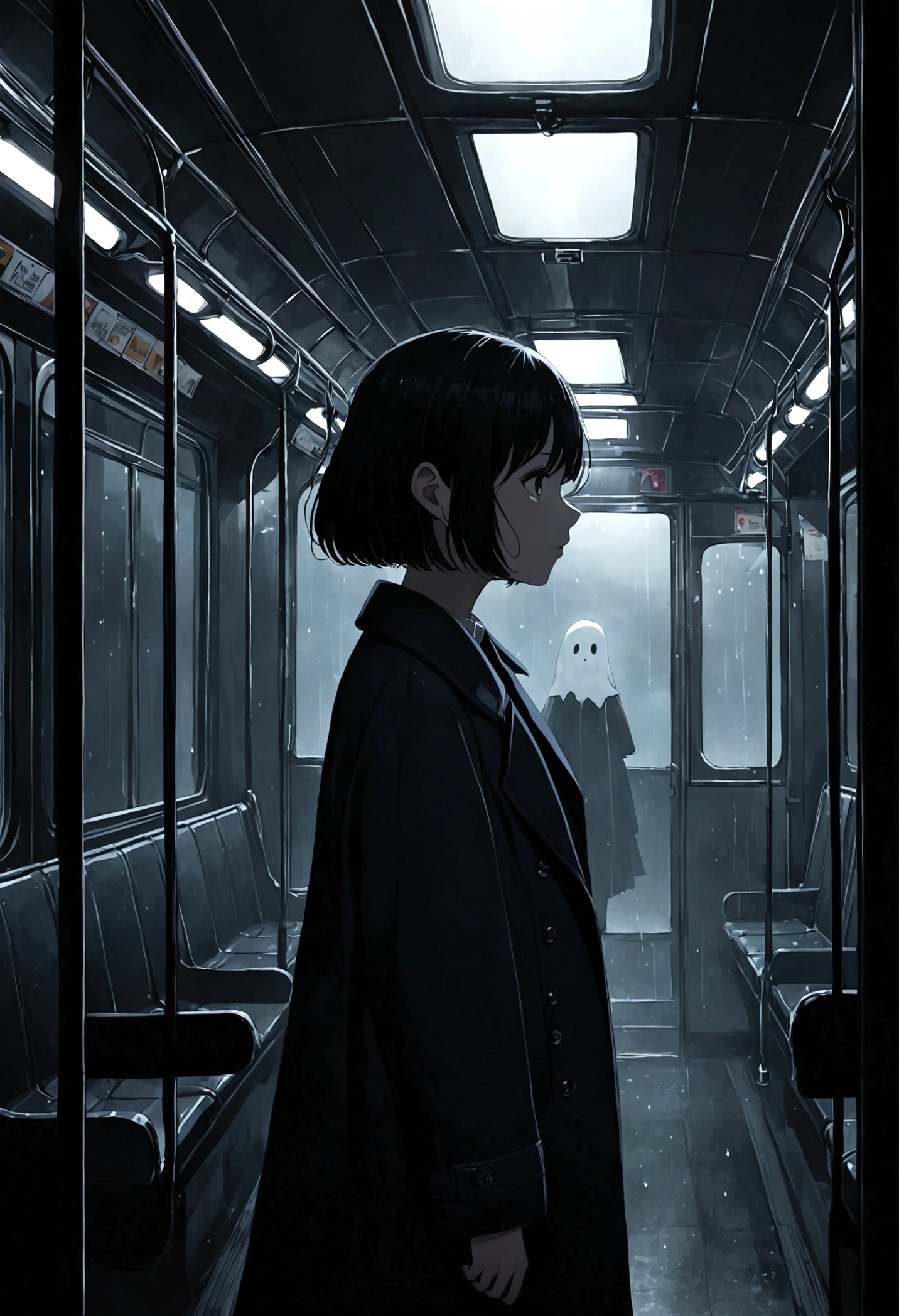 ((masterpiece), Absurd quality, 16K, 1 girl with short hair, Wearing a dark blue coat, She is long, Dimly lit subway. The perspective camera captures the entire vehicle. In the carriage, Innermost, In a dark corner not well lit by the flashing lights, A faceless ghost appears dressed in transparent black clothing, It is translucent, The lighting is so dim that you can barely see anything. The girl in profile is breathing in cold air through her breath. Cold raindrops fall on the foggy window、A dim light shines in from outside。, Brighten up the interior atmosphere..A girl with a calm and thoughtful expression, The faceless man watches silently.