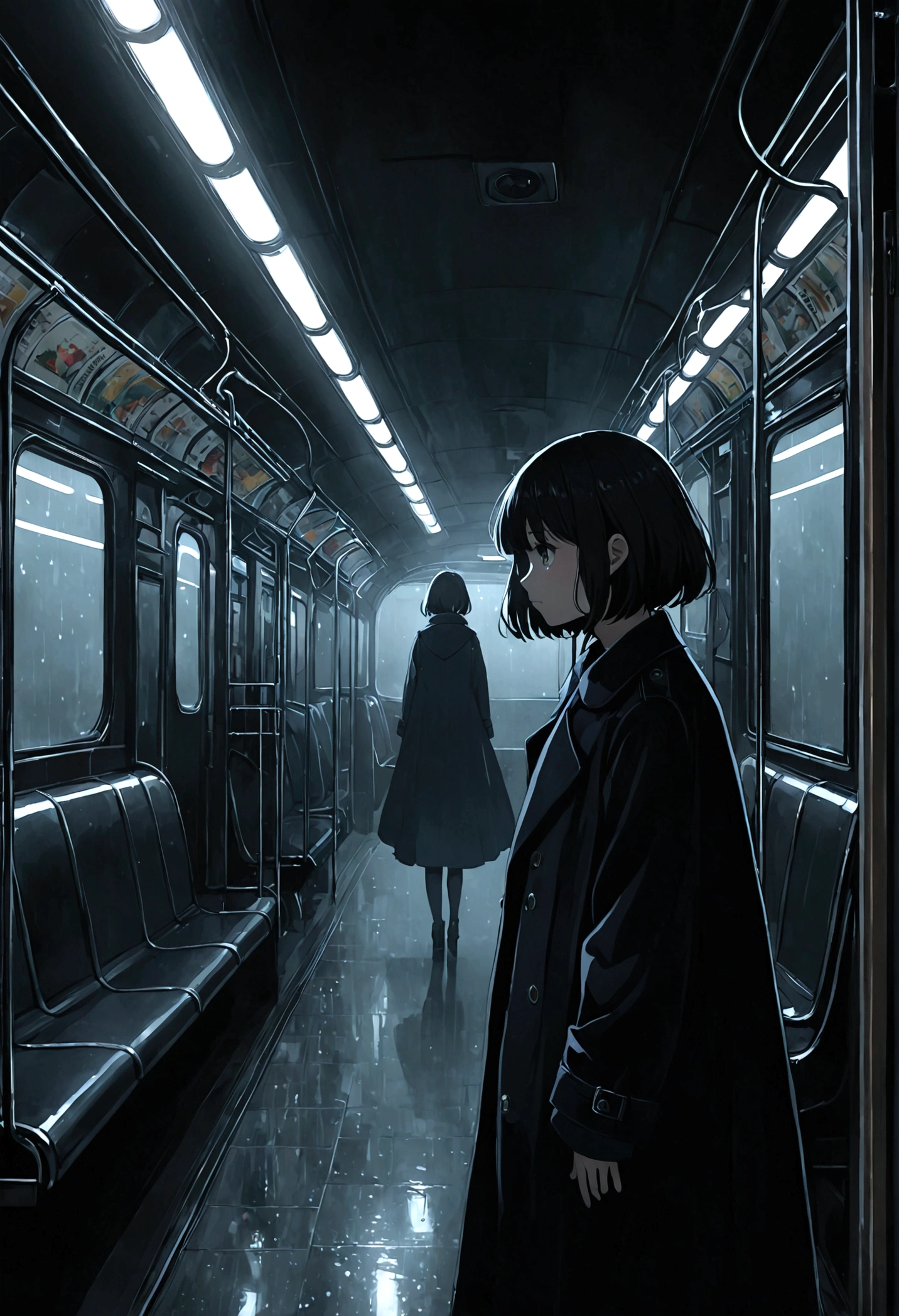 ((masterpiece), Absurd quality, 16K, 1 girl with short hair, Wearing a dark blue coat, She is long, Dimly lit subway. The perspective camera captures the entire vehicle. In the carriage, Innermost, In a dark corner not well lit by the flashing lights, A faceless ghost appears dressed in transparent black clothing, It is translucent, The lighting is so dim that you can barely see anything. The girl in profile is breathing in cold air through her breath. Cold raindrops fall on the foggy window、A dim light shines in from outside。, Brighten up the interior atmosphere..A girl with a calm and thoughtful expression, The faceless man watches silently.Are crying
