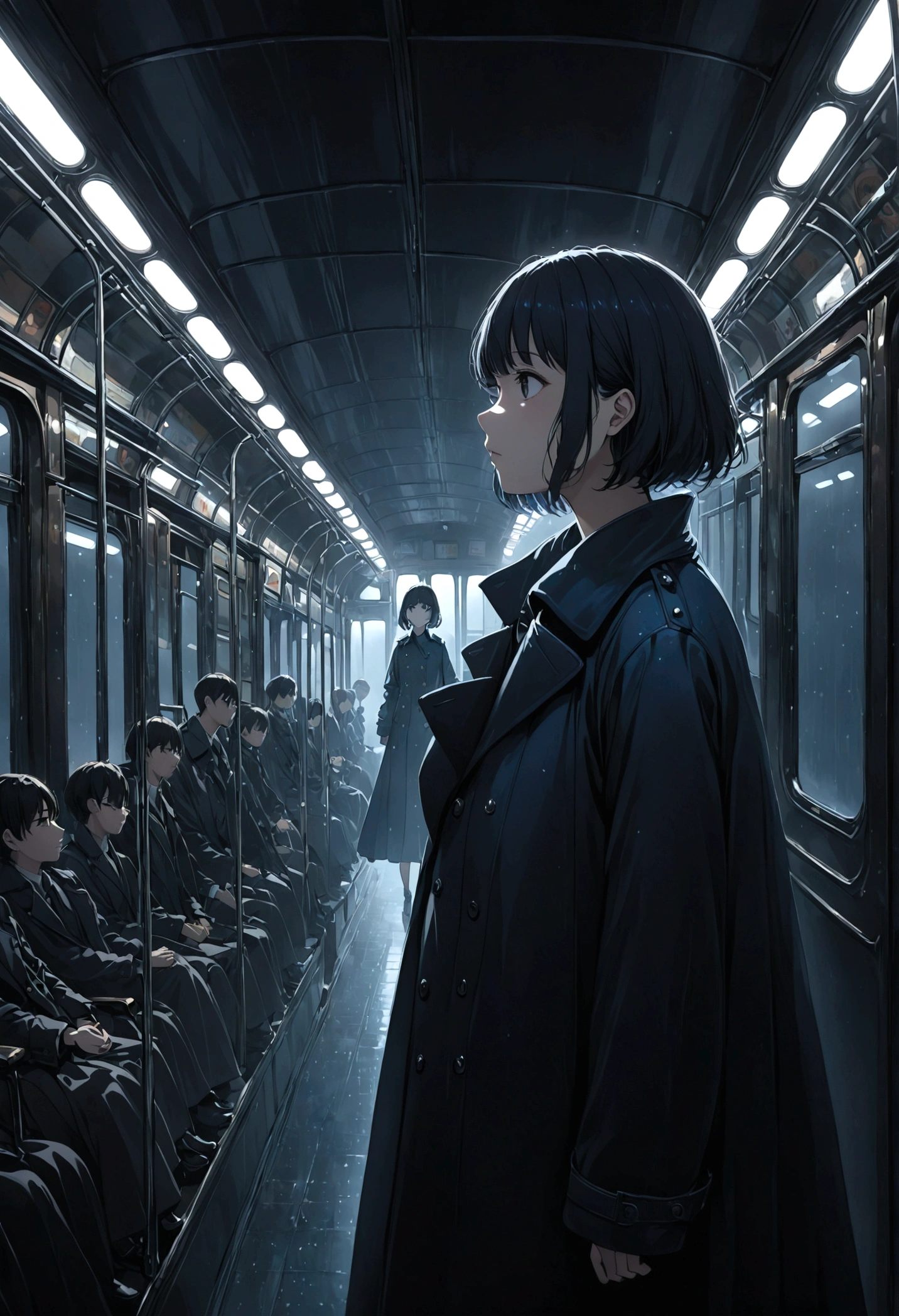 ((masterpiece), Absurd quality, 16K, 1 girl with short hair, Wearing a dark blue coat, She is long, Dimly lit subway. The perspective camera captures the entire vehicle. In the carriage, Innermost, In a dark corner not well lit by the flashing lights, A faceless ghost appears dressed in transparent black clothing, It is translucent, The lighting is so dim that you can barely see anything. The girl in profile is breathing in cold air through her breath. Cold raindrops fall on the foggy window、A dim light shines in from outside。, Brighten up the interior atmosphere..A girl with a calm and thoughtful expression, The faceless man watches silently.Are crying